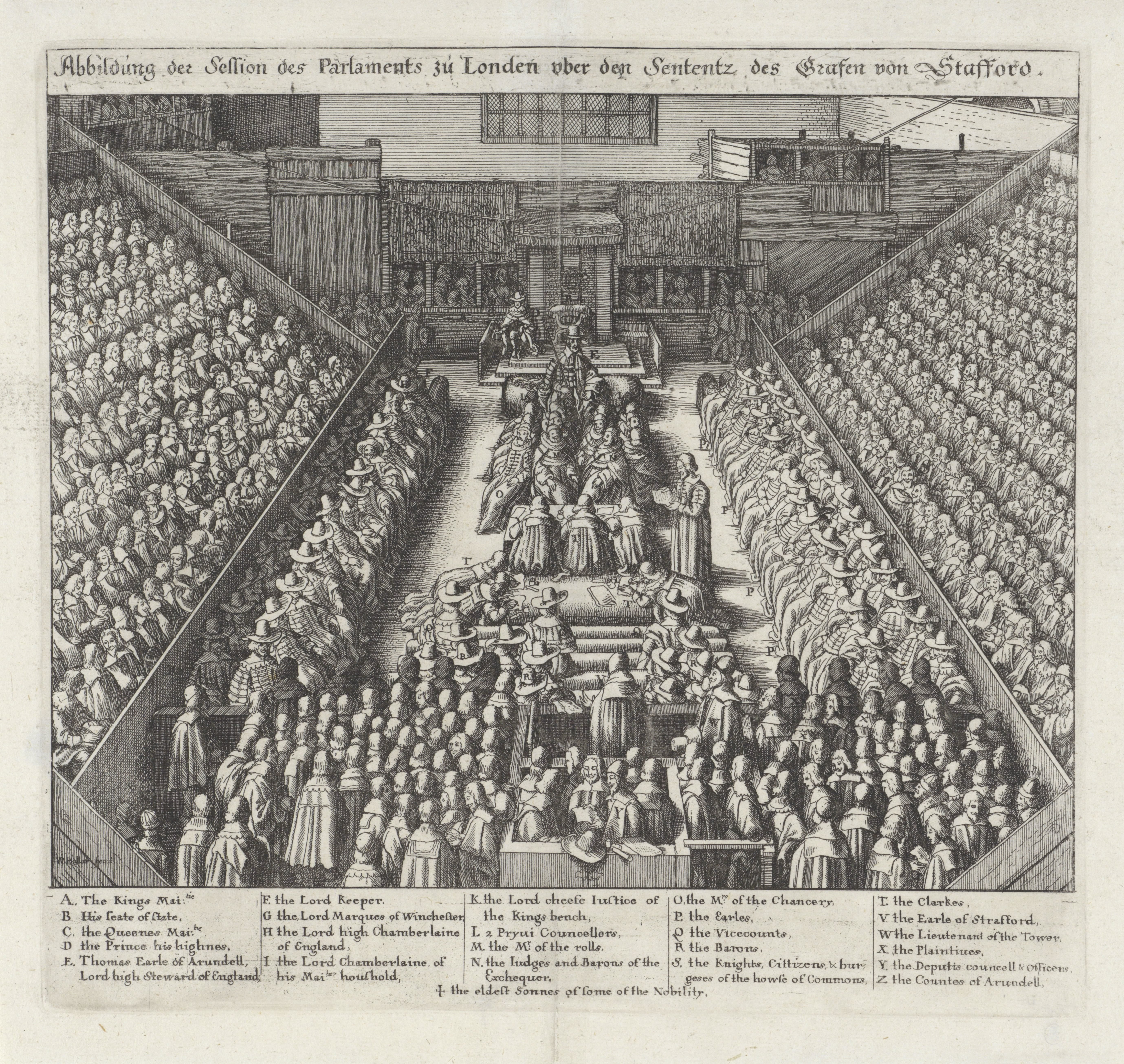 Zitting van het Britse parlement tijdens de berechting van Thomas Wentworth, 1e graaf van Strafford, 1641