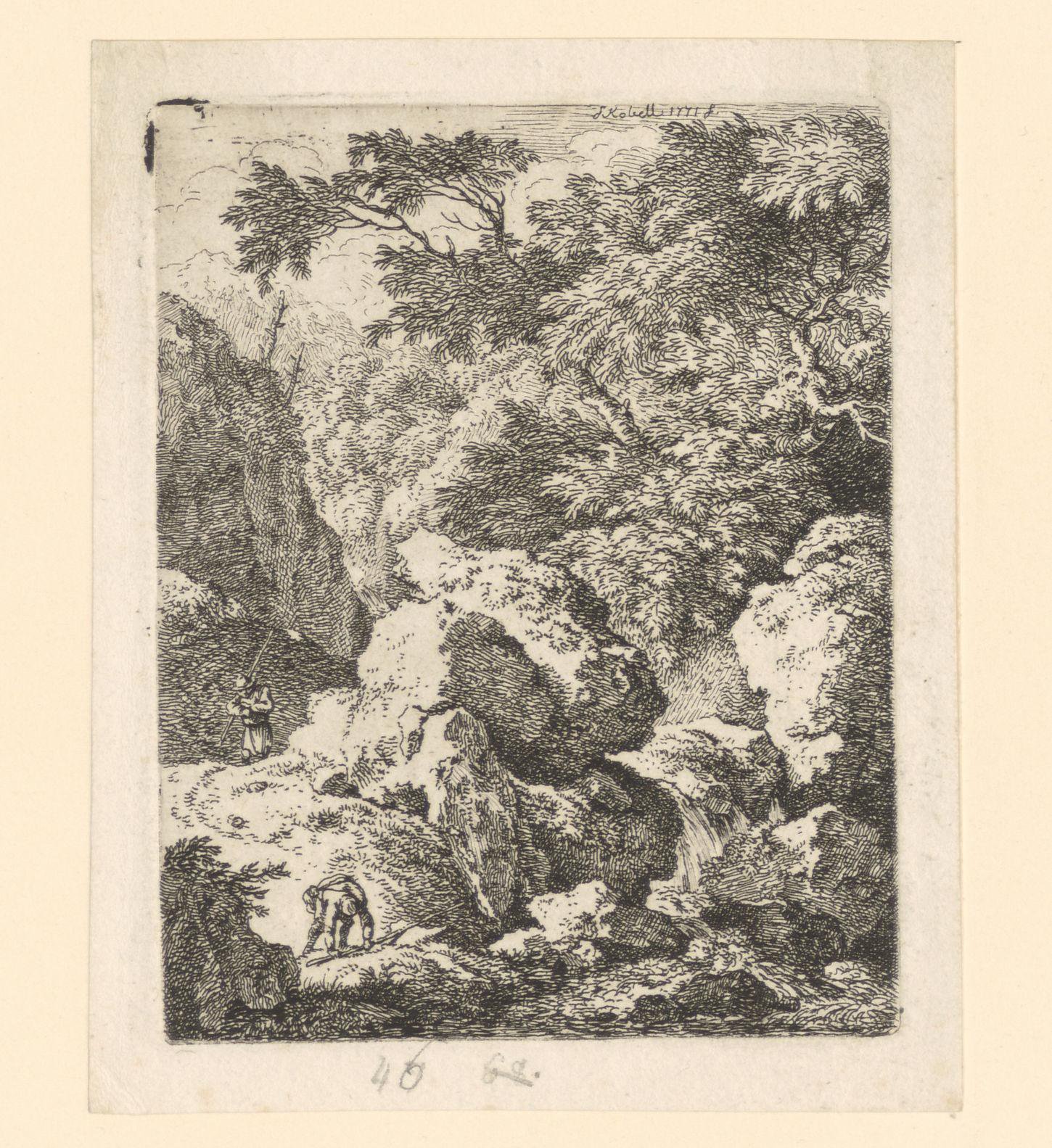 Rotsachtig landschap met beek en vissers