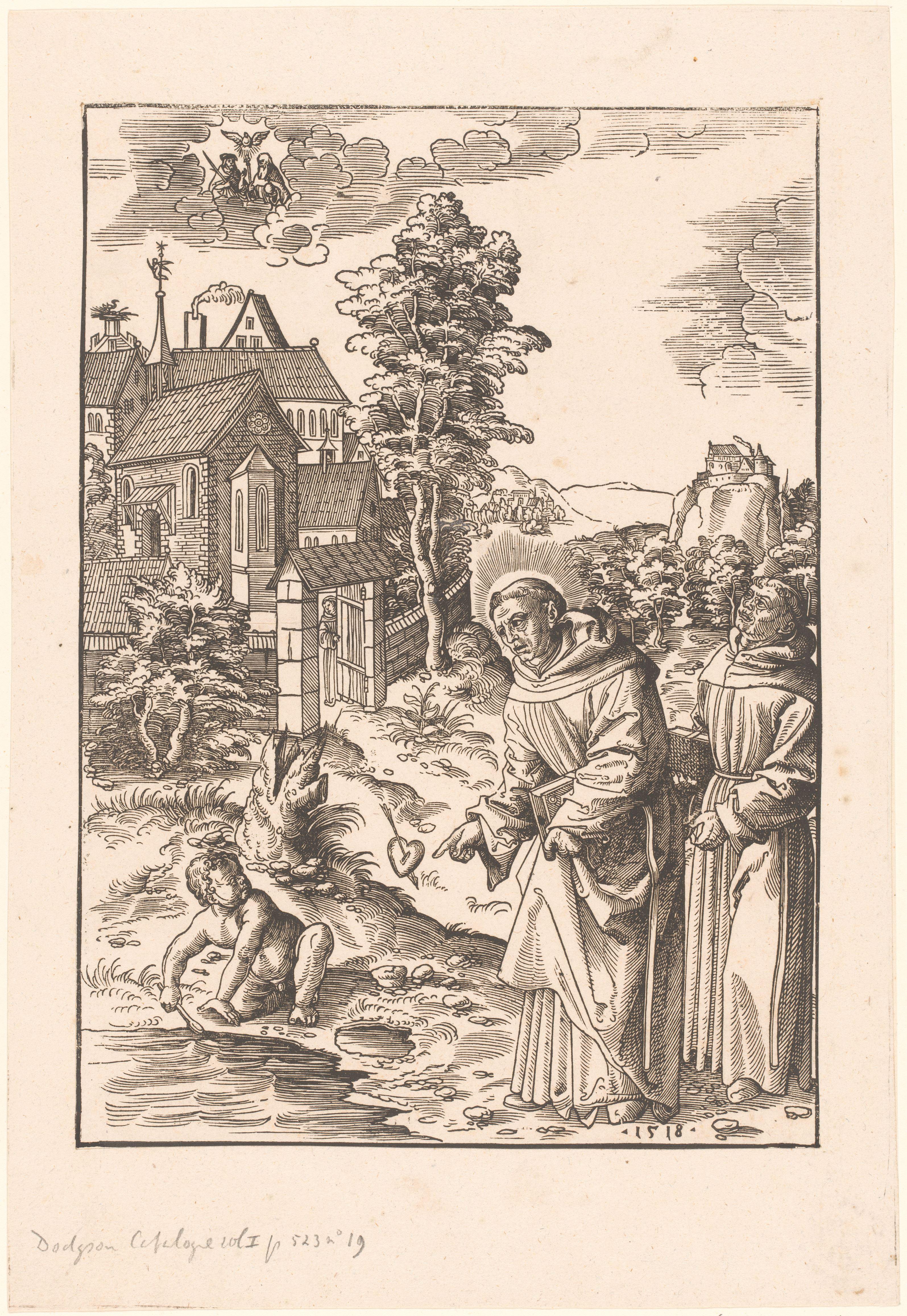 Heilige Augustinus met een kind die zeewater in gat in het zand lepelt