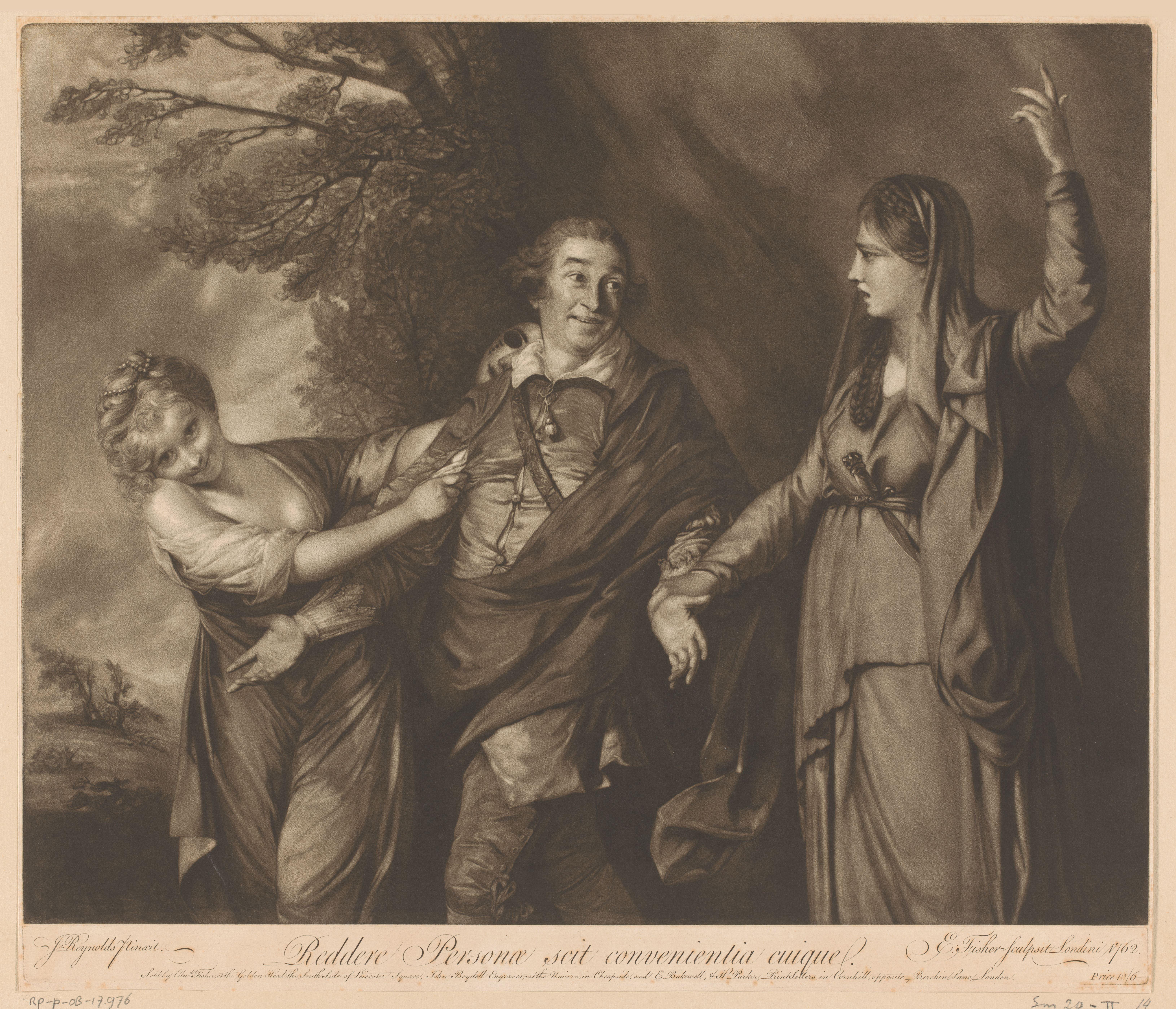 Portret van David Garrick tussen komedie en tragedie