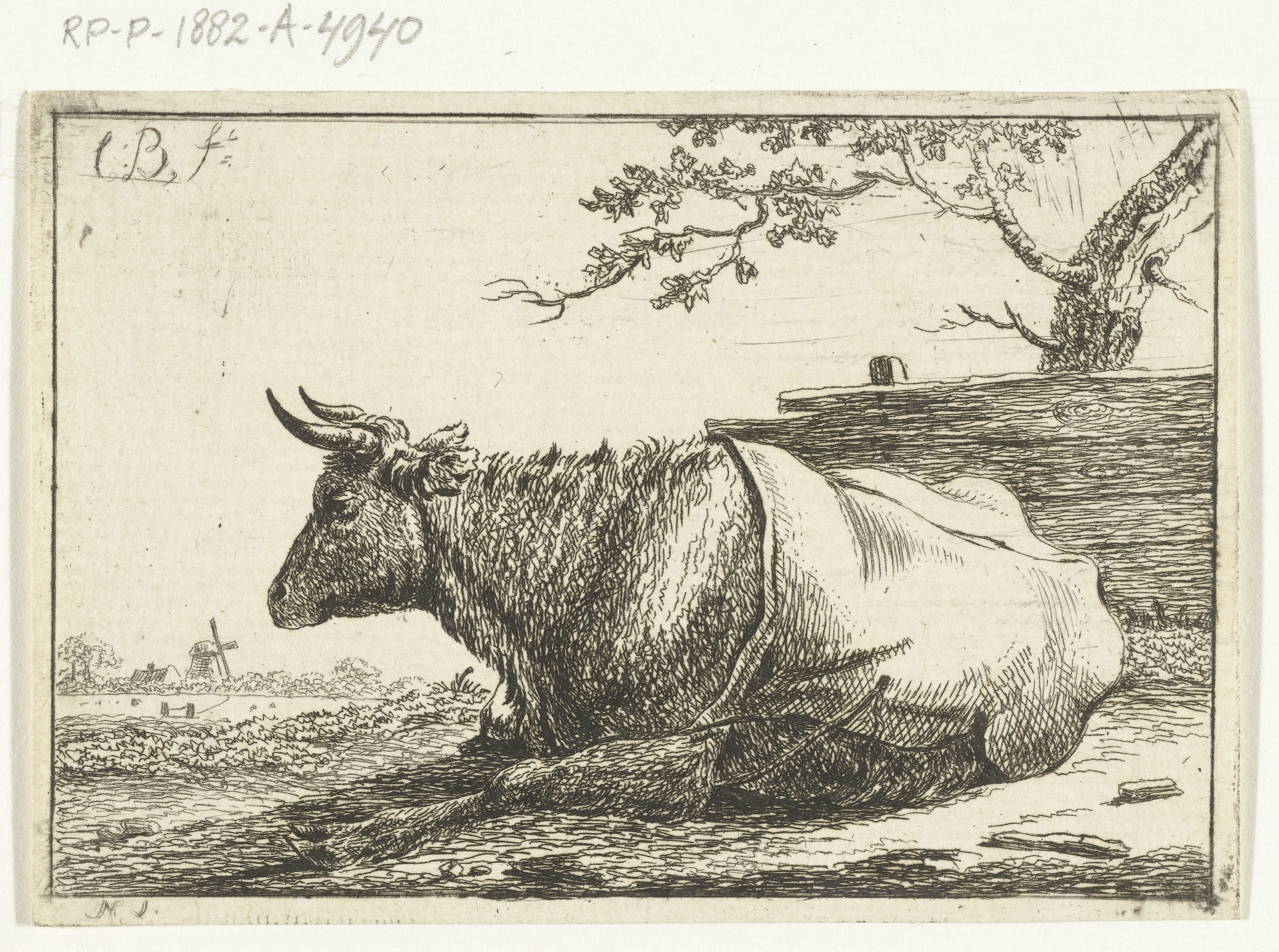 Landschap met liggende koe met dek op de rug