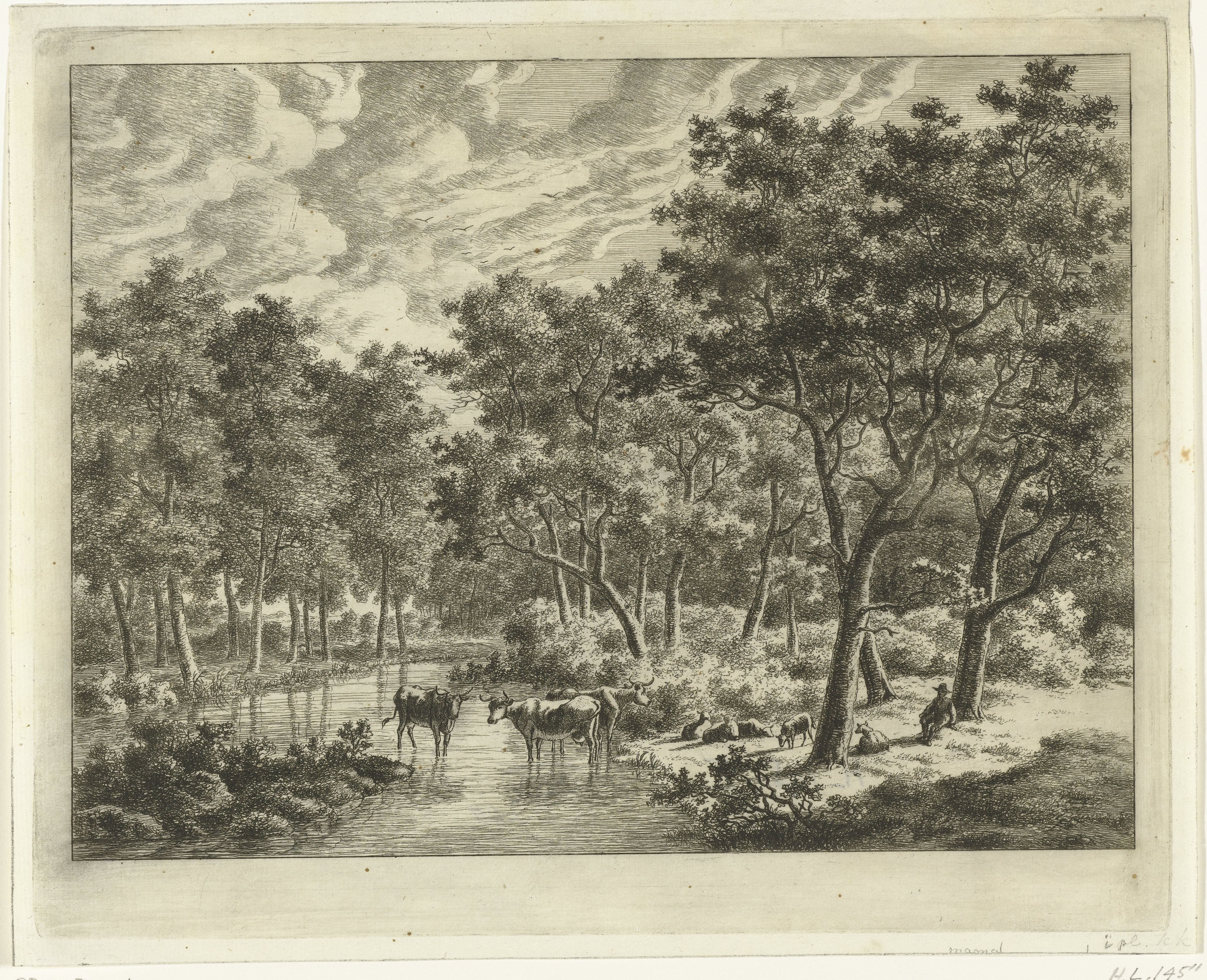 Landschap met drie koeien in een plas, rechts leunt een herder tegen een boom