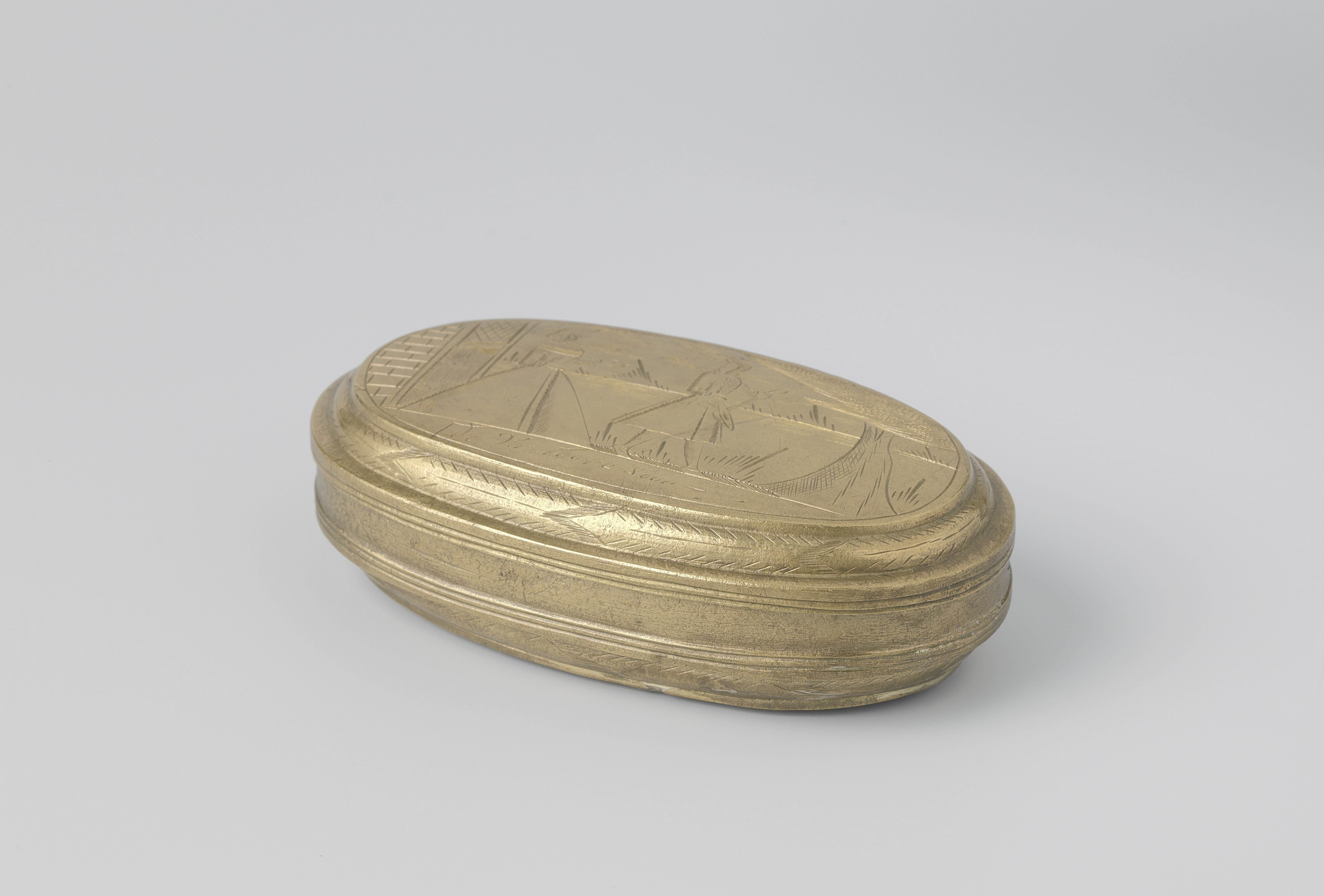 Brass tobacco box with engraved scenes of the Prodigal Son from the wreck of the Dutch East Indiaman Hollandia
