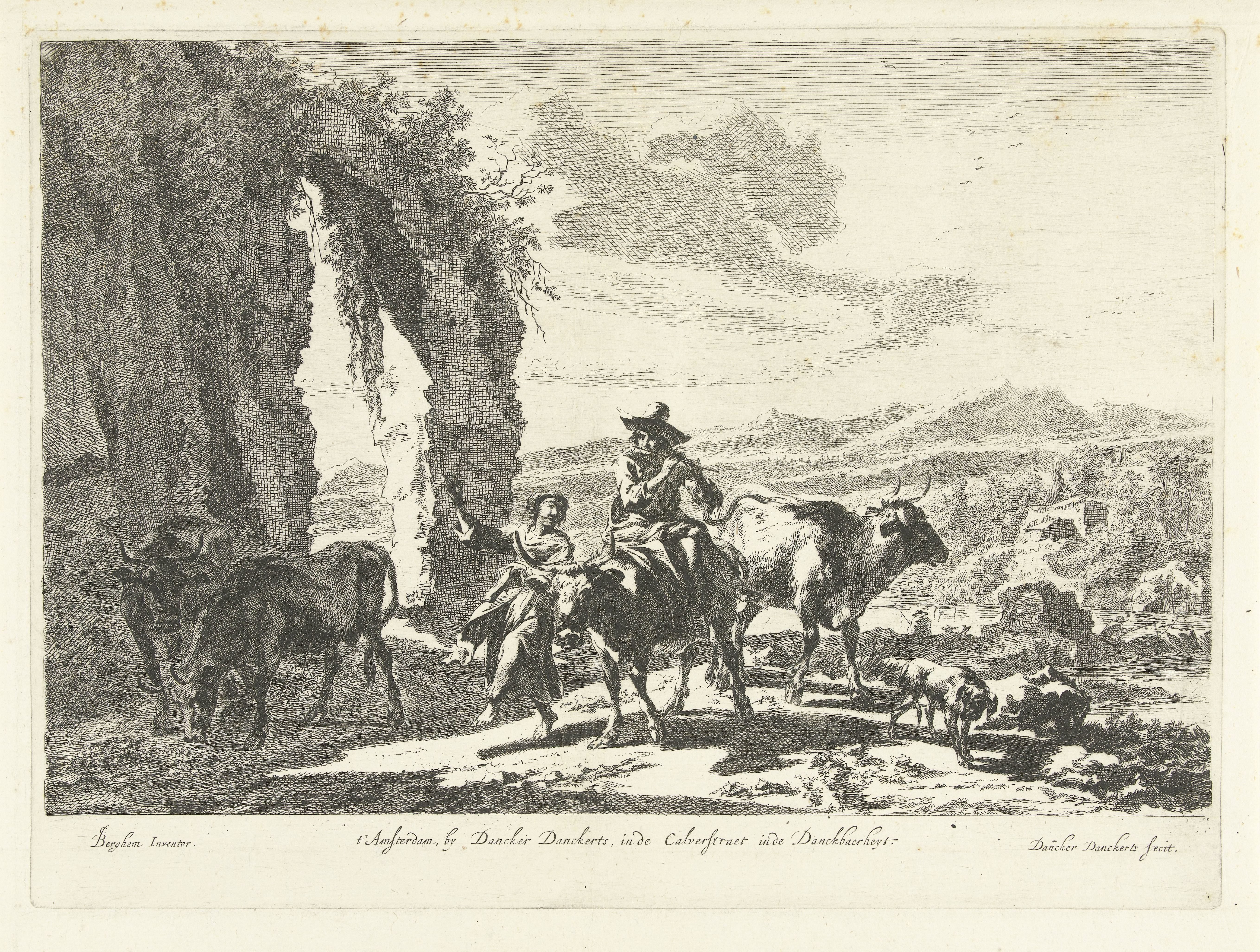 Herders met vee bij ruïne in berglandschap
