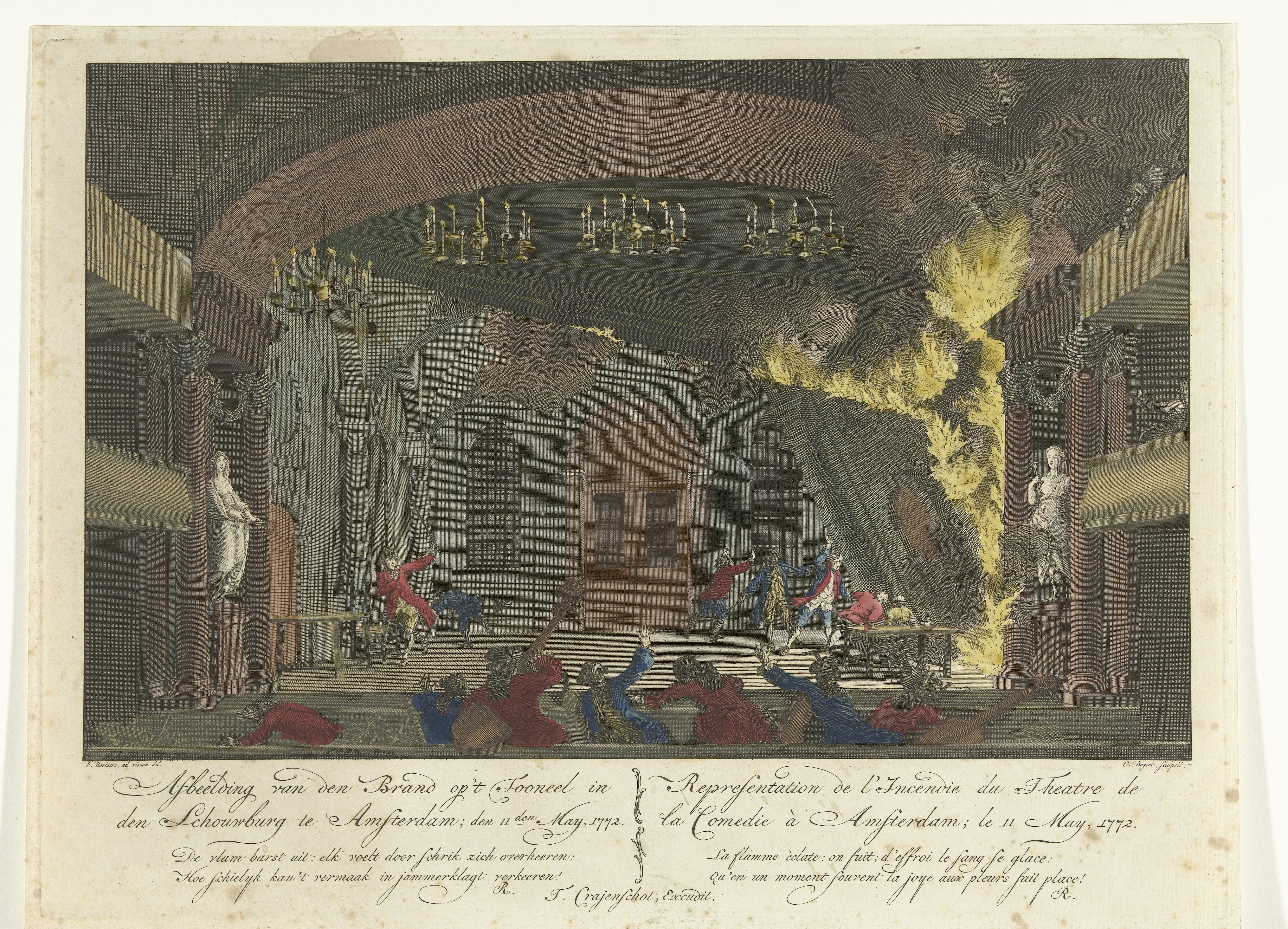 Toneel van de schouwburg aan de Keizersgracht te Amsterdam bij het uitbreken van de brand, 1772