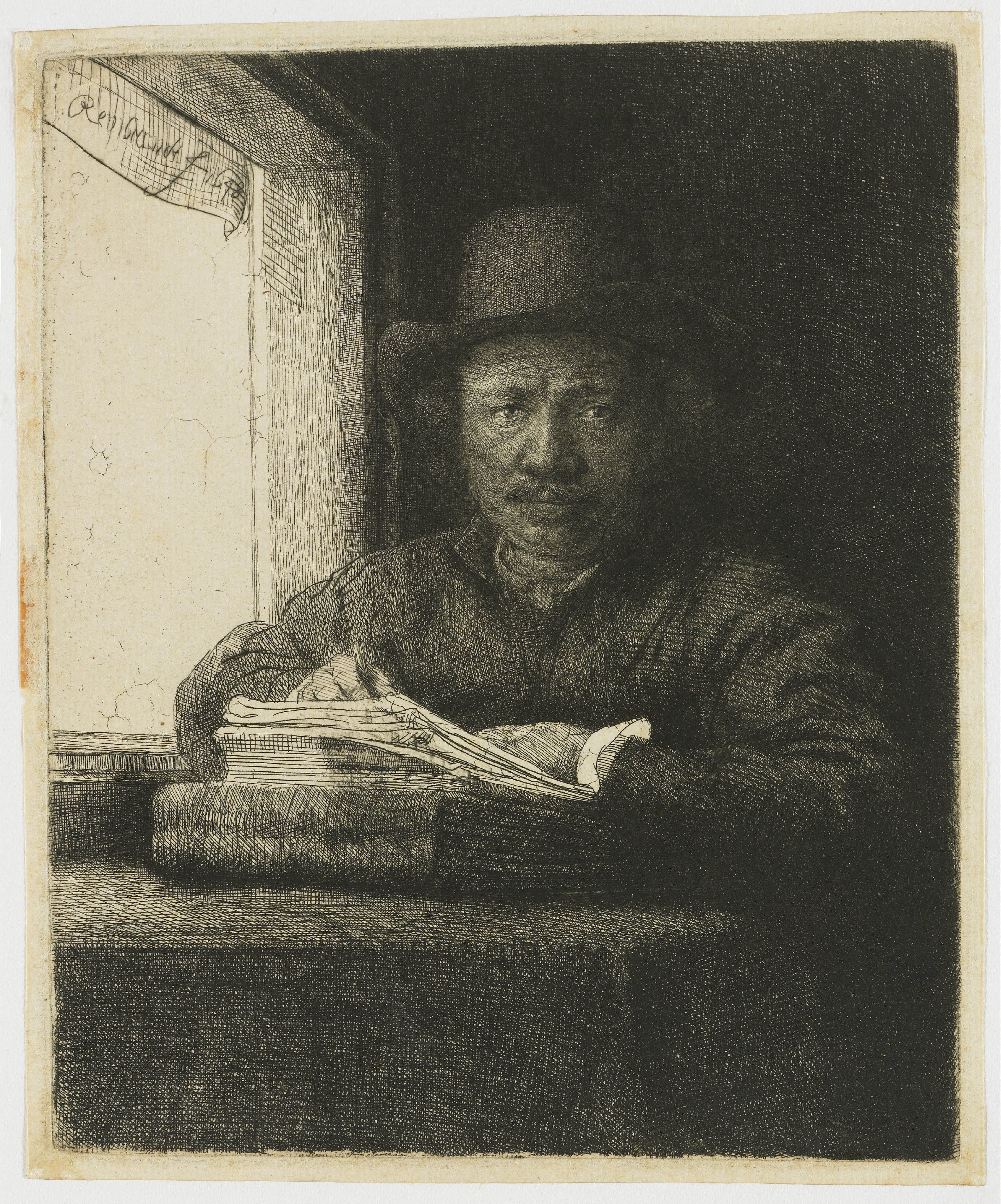 Self-portrait etching at a window