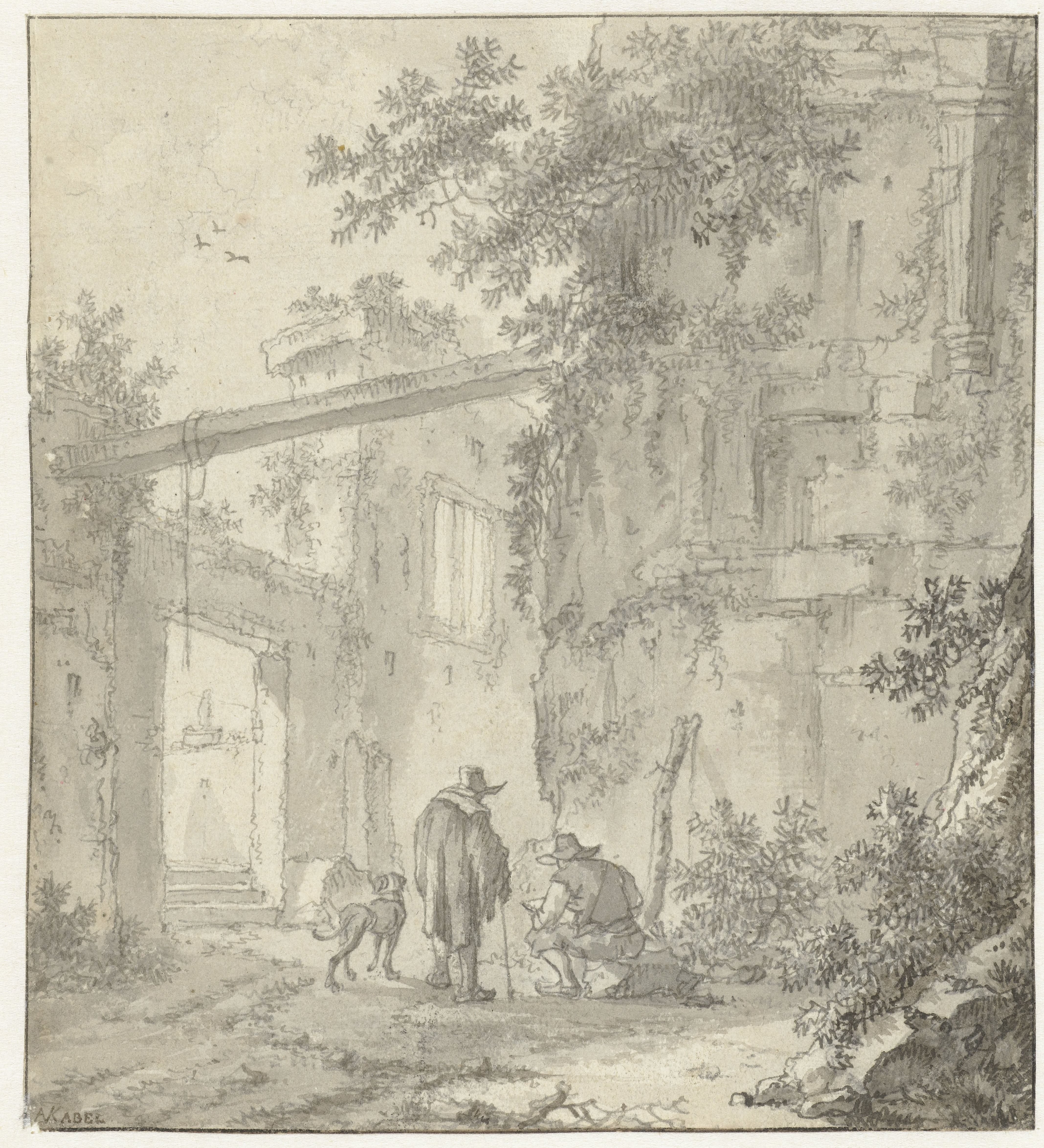 View of Ancient Ruins with a Draughtsman, his Companion and a Dog