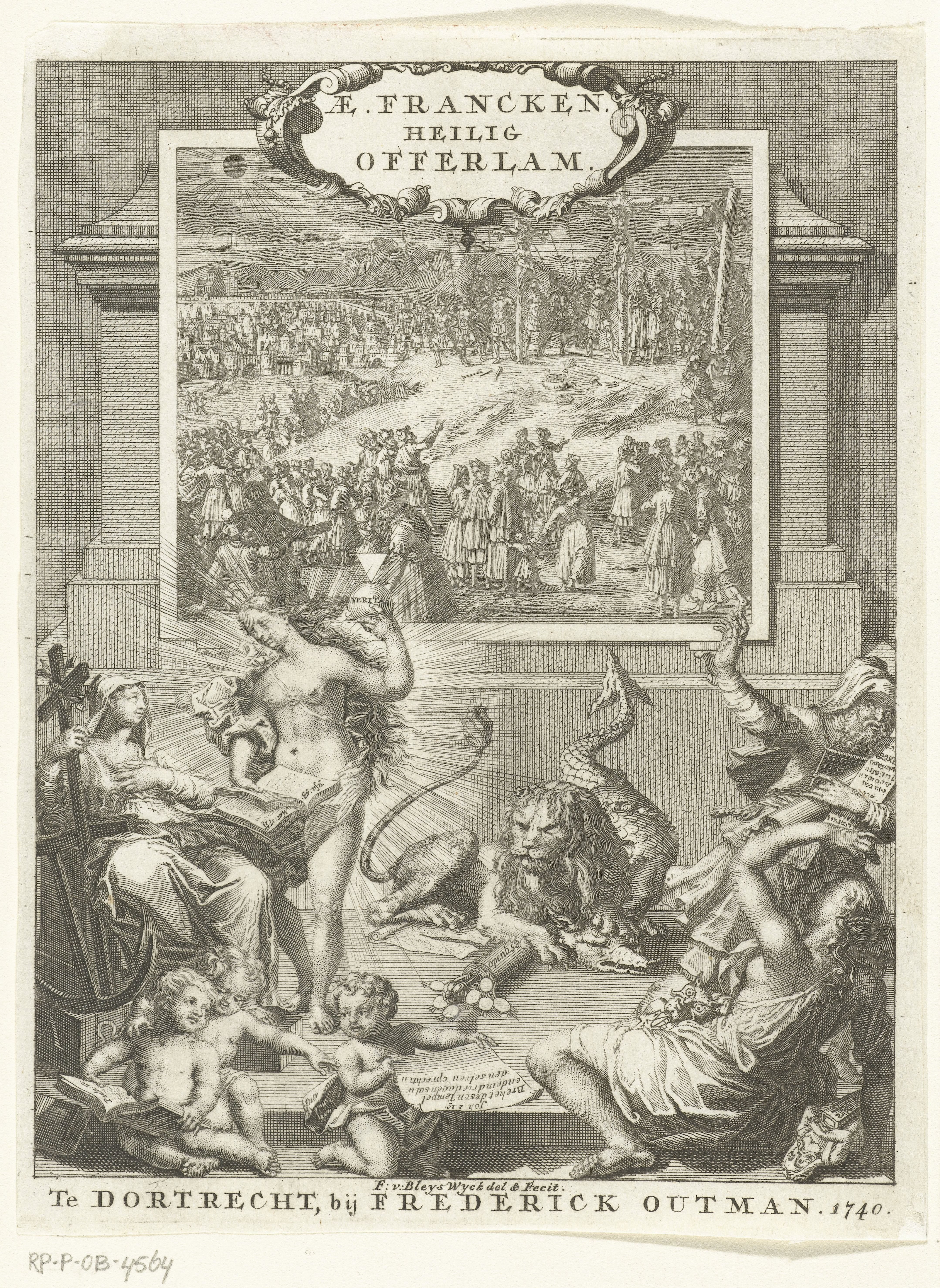 Kruisiging van Christus en allegorie met deugden
