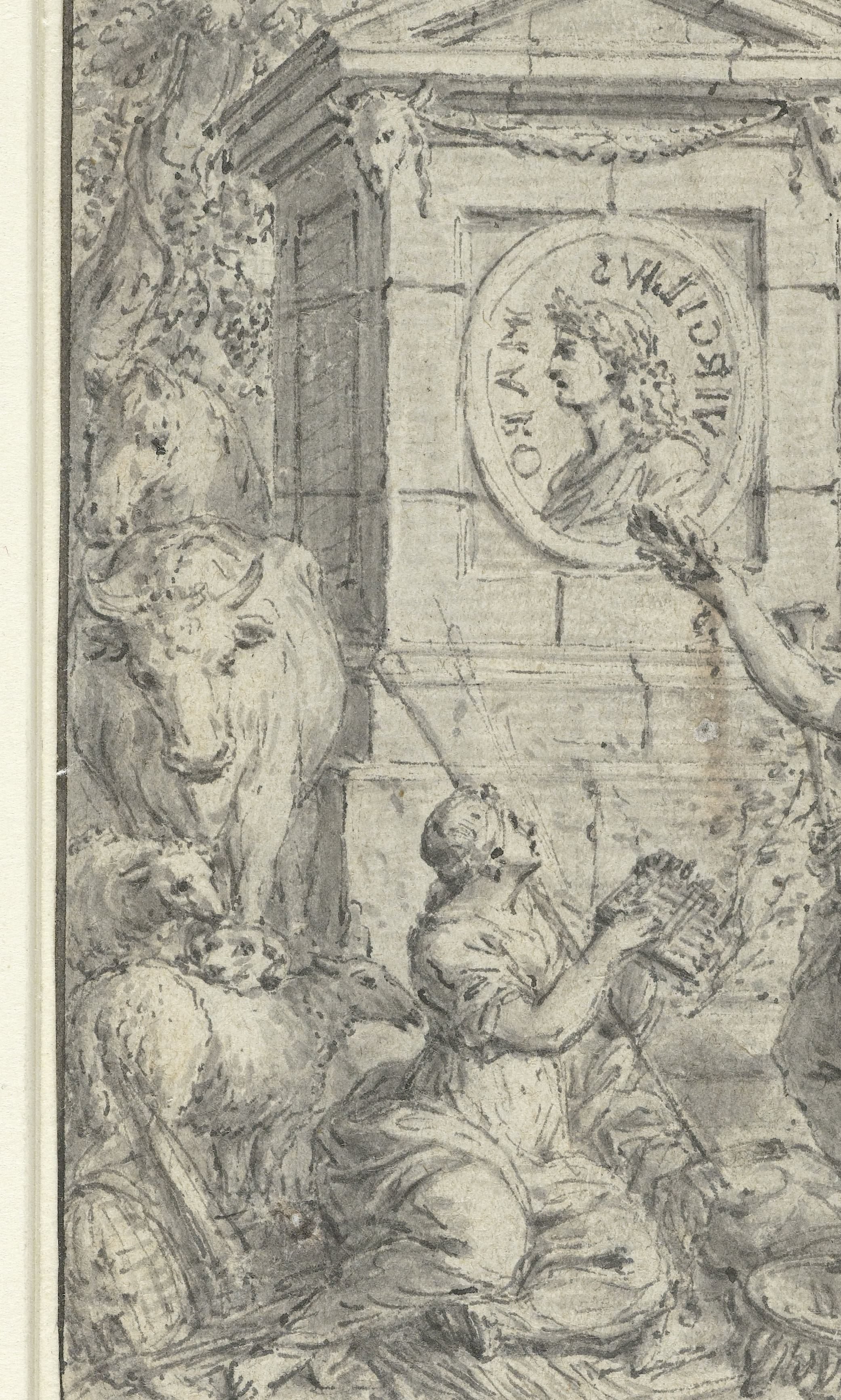 Herderinnen bewonderen een medaillonportret van Vergilius