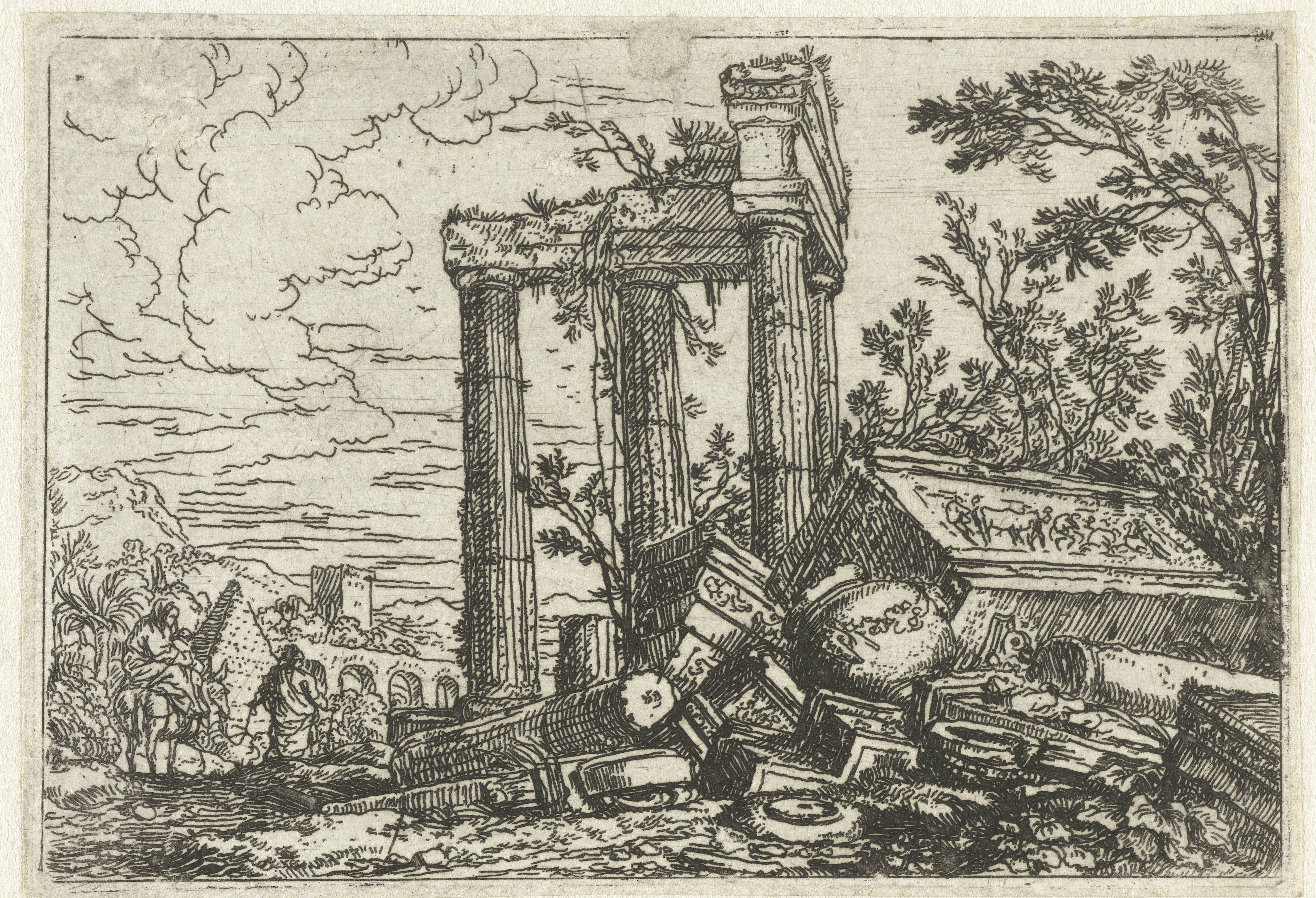 Ruïnelandschap met de vlucht naar Egypte