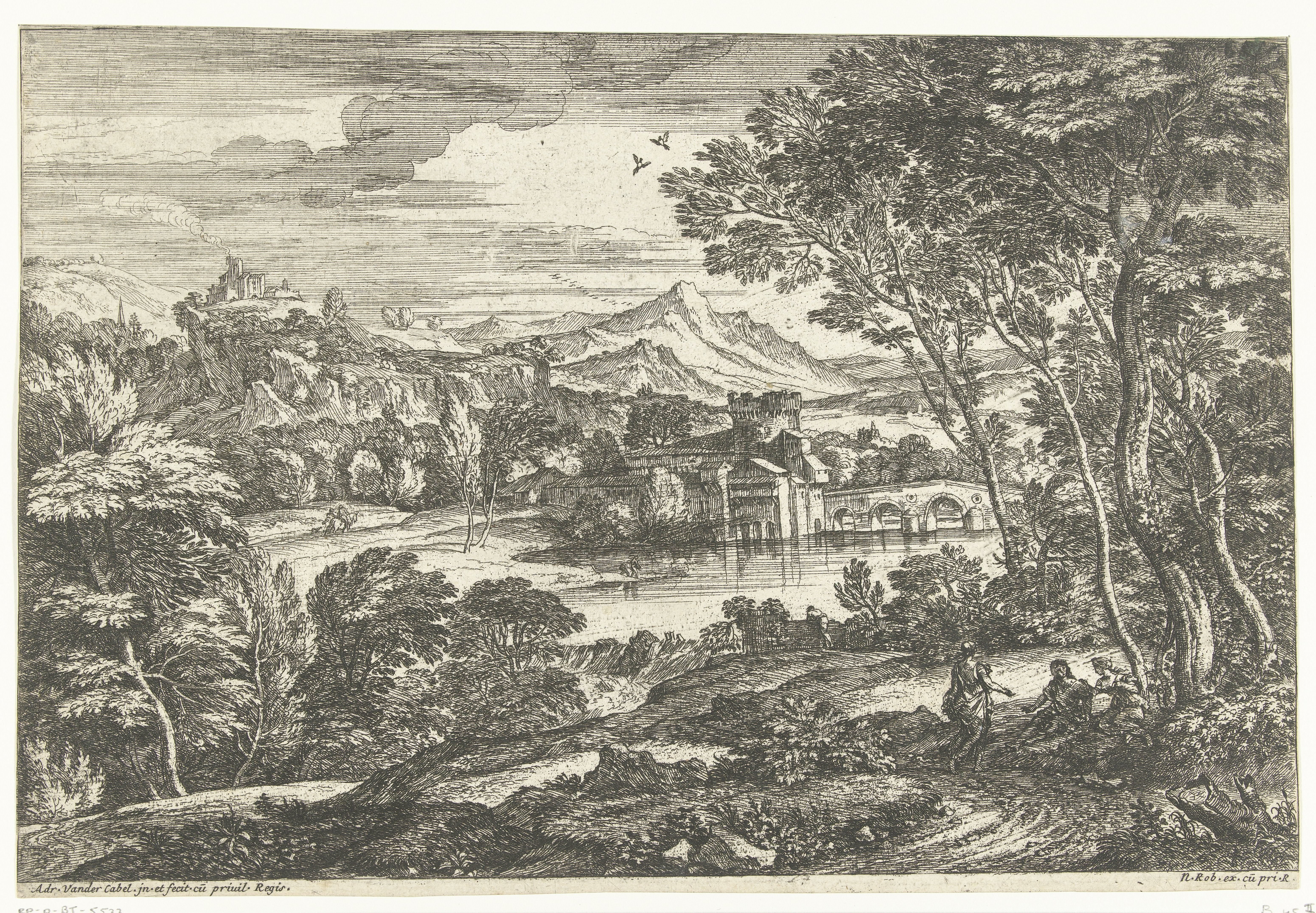 Landschap met drie personen aan een pad