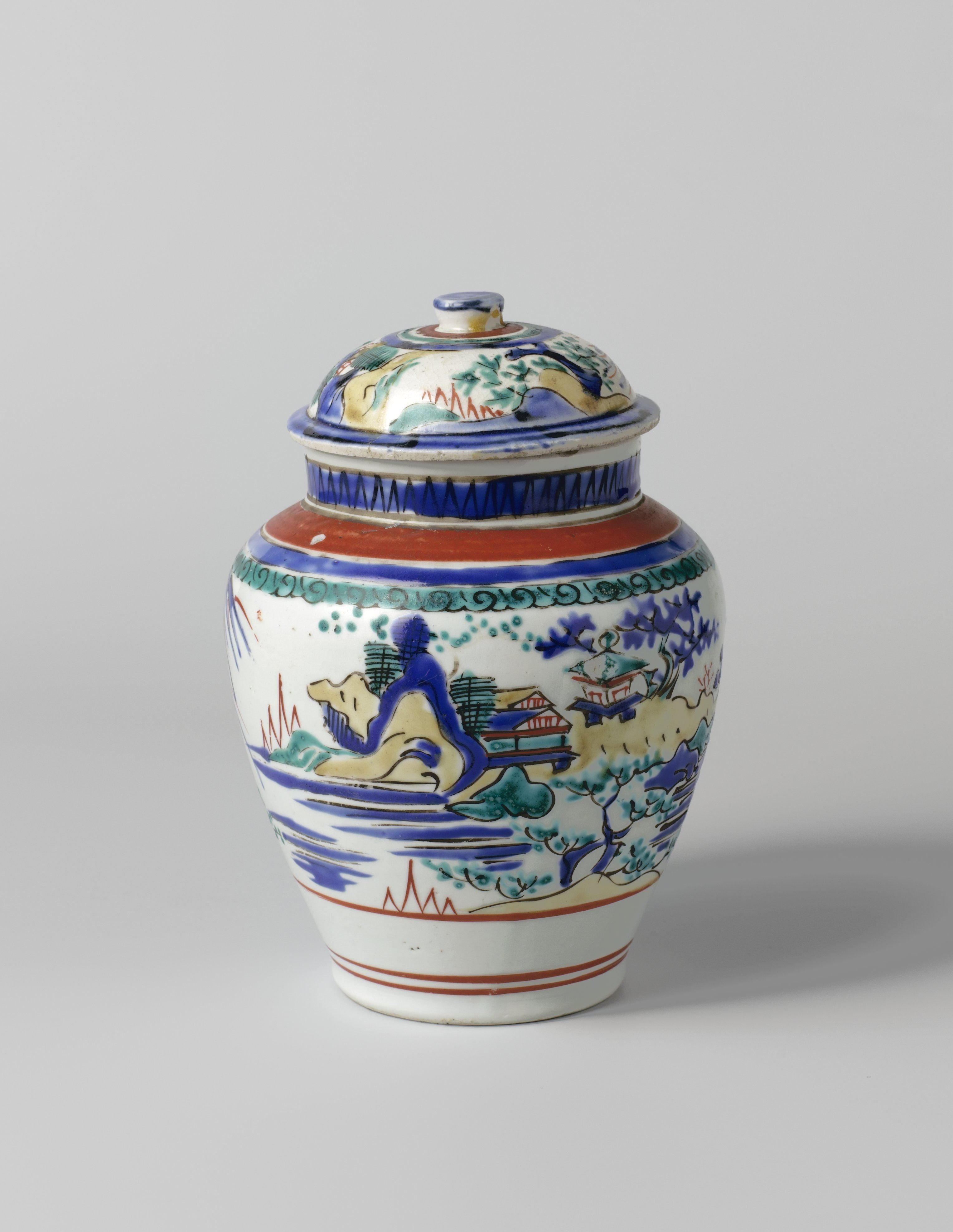 Ovoid covered jar with a continuous water landscape