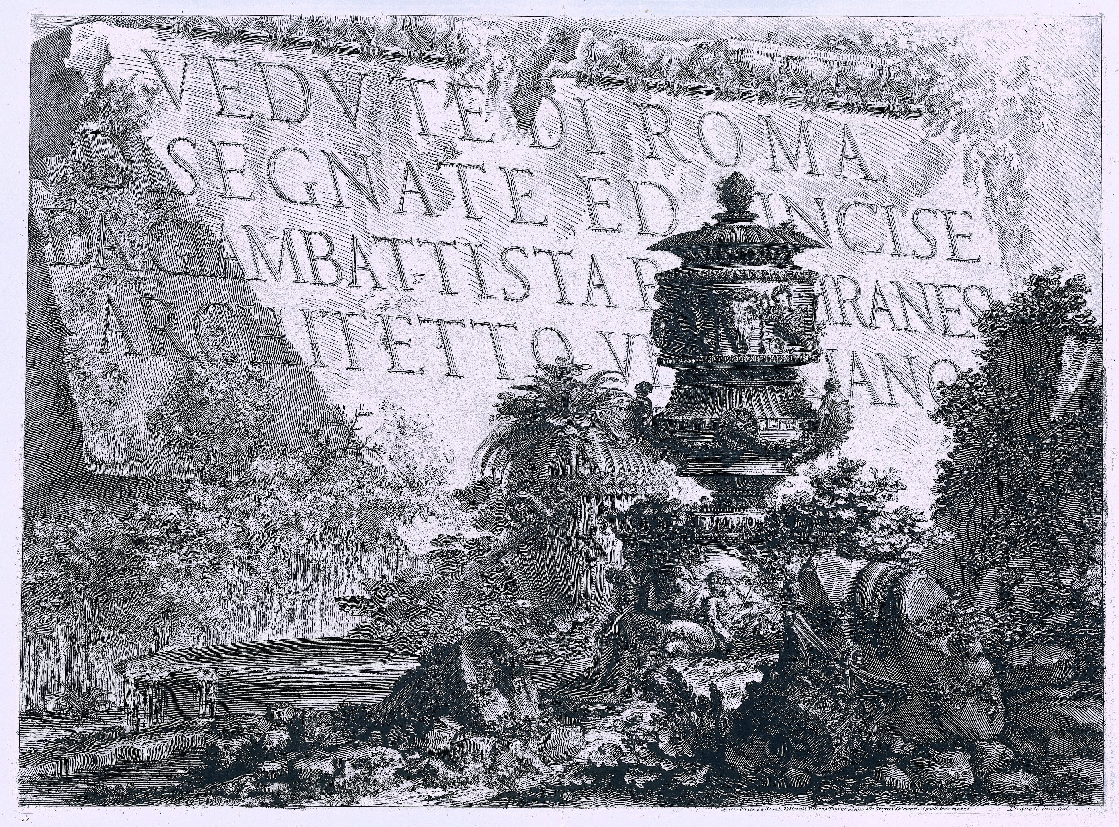 Titelprent met tekst op marmeren blok in landschap met ruïnes en fontein