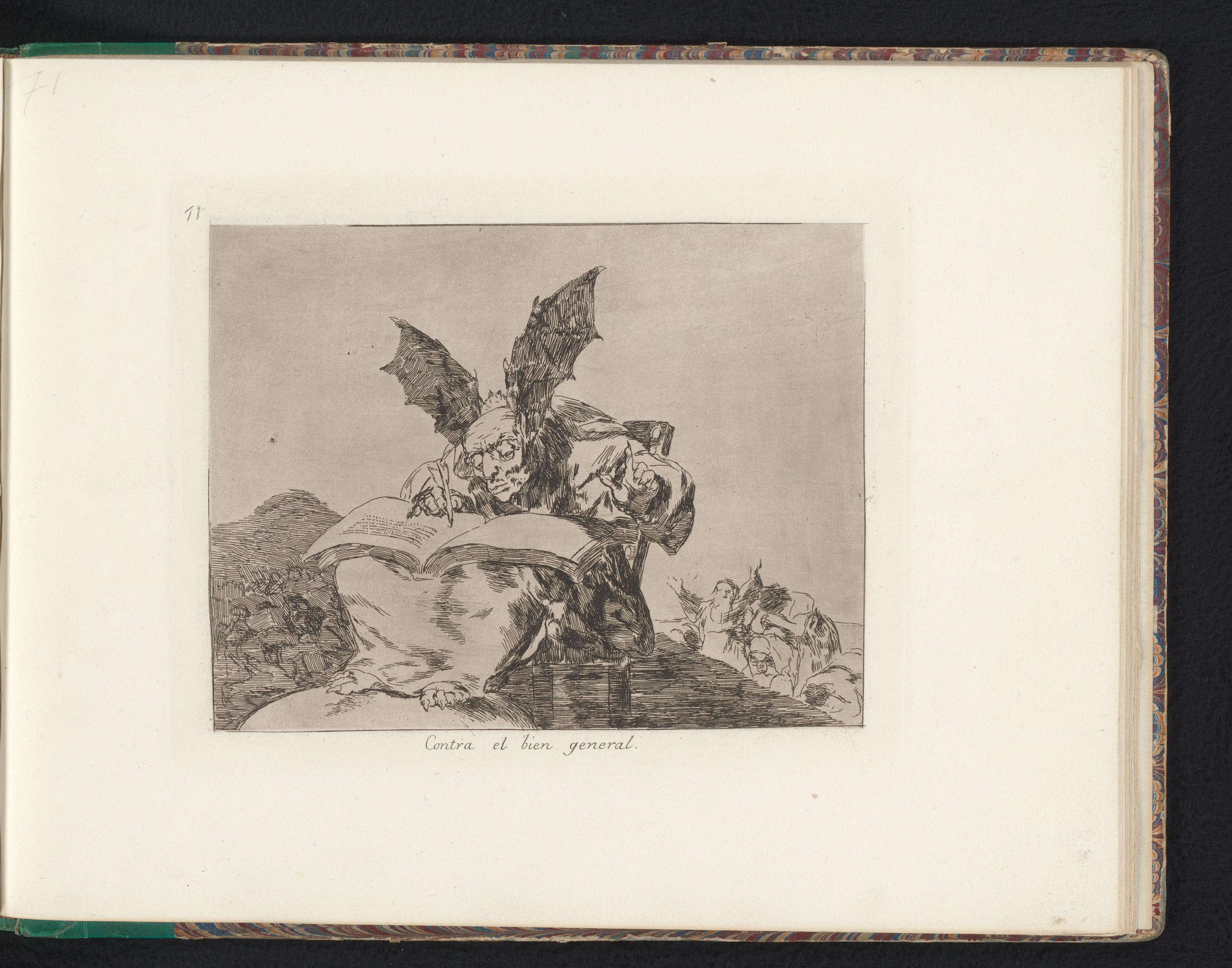 Monsterlijk figuur met klauwen en vleermuisvleugels als oren schrijft in een boek