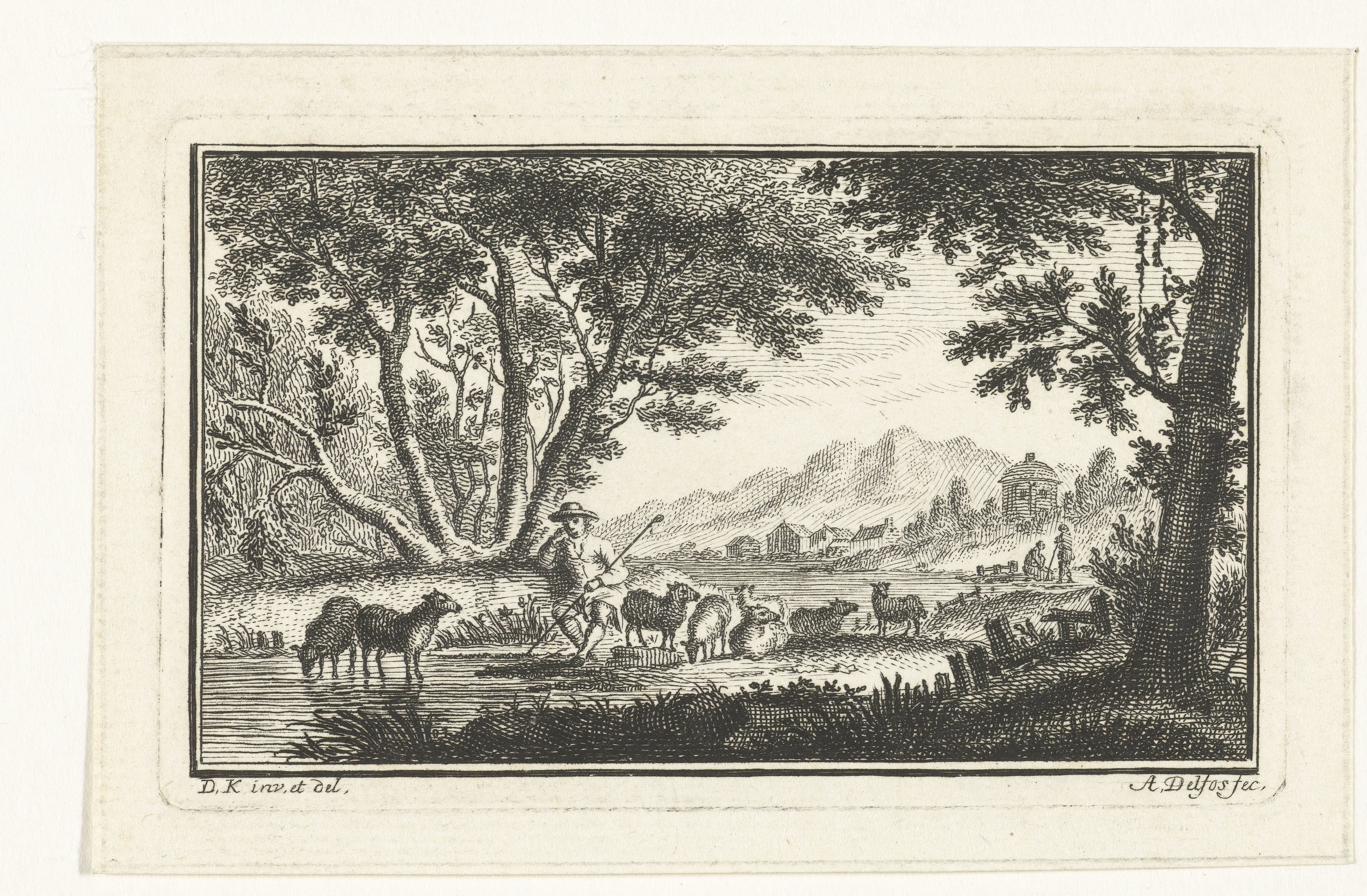 Landschap met herder en kudde schapen