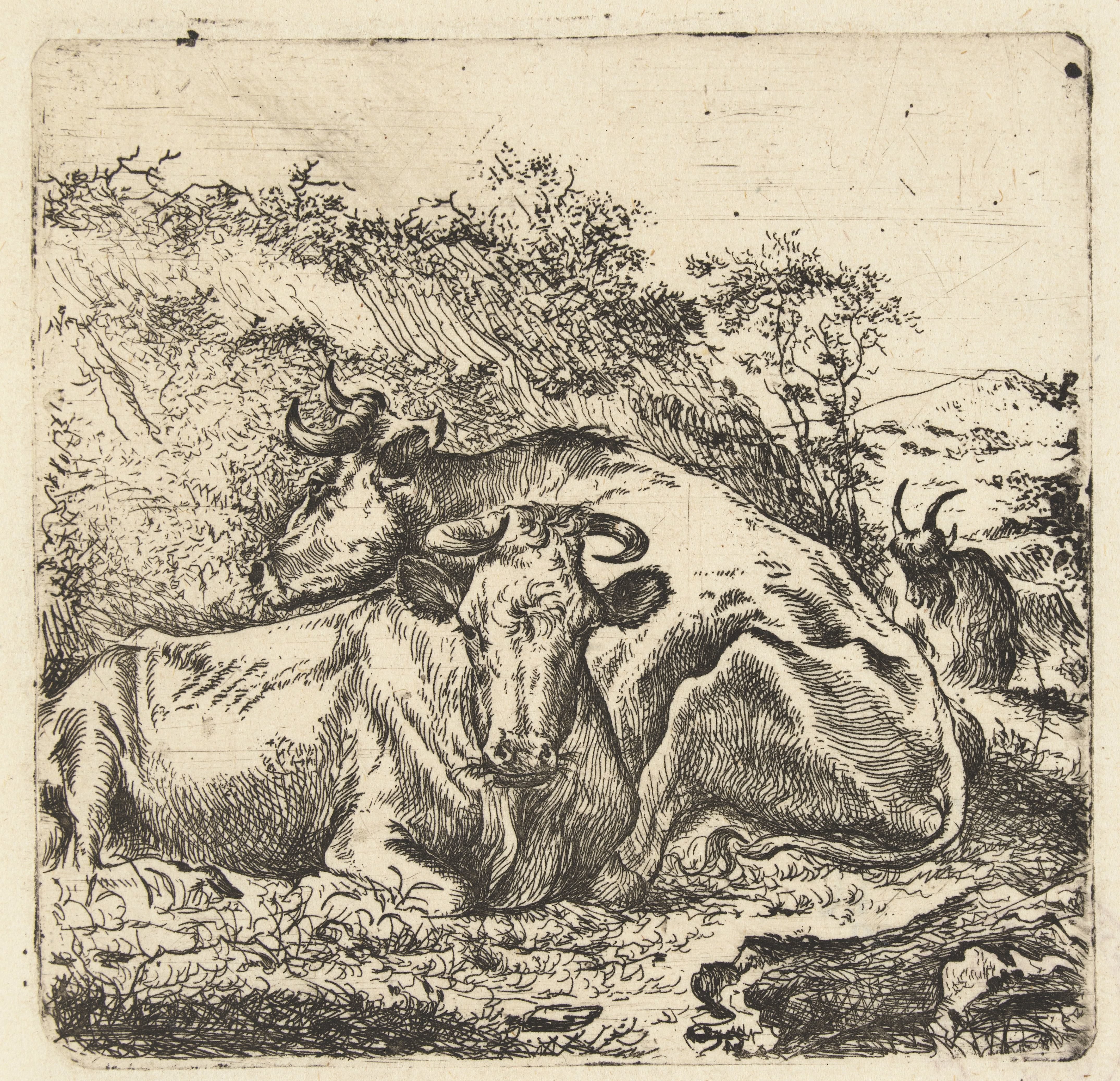 Landschap met twee rustende koeien
