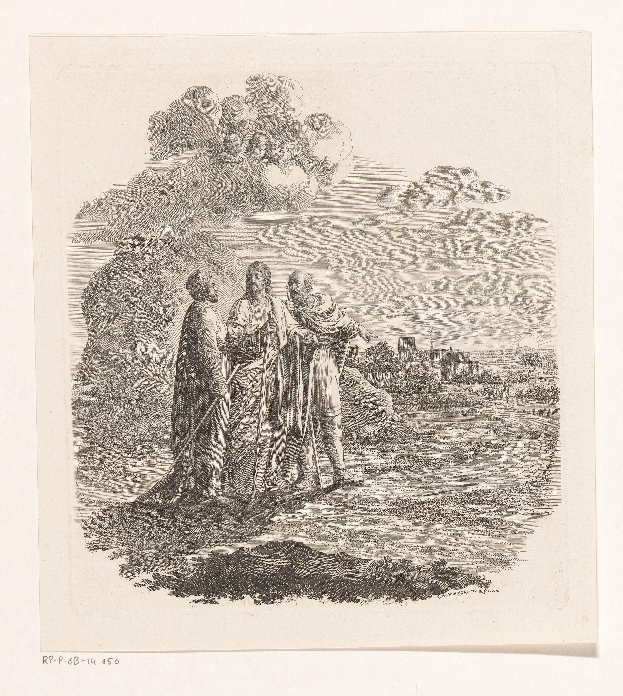 Cleopas en Petrus ontmoeten Christus op hun weg naar Emmaüs