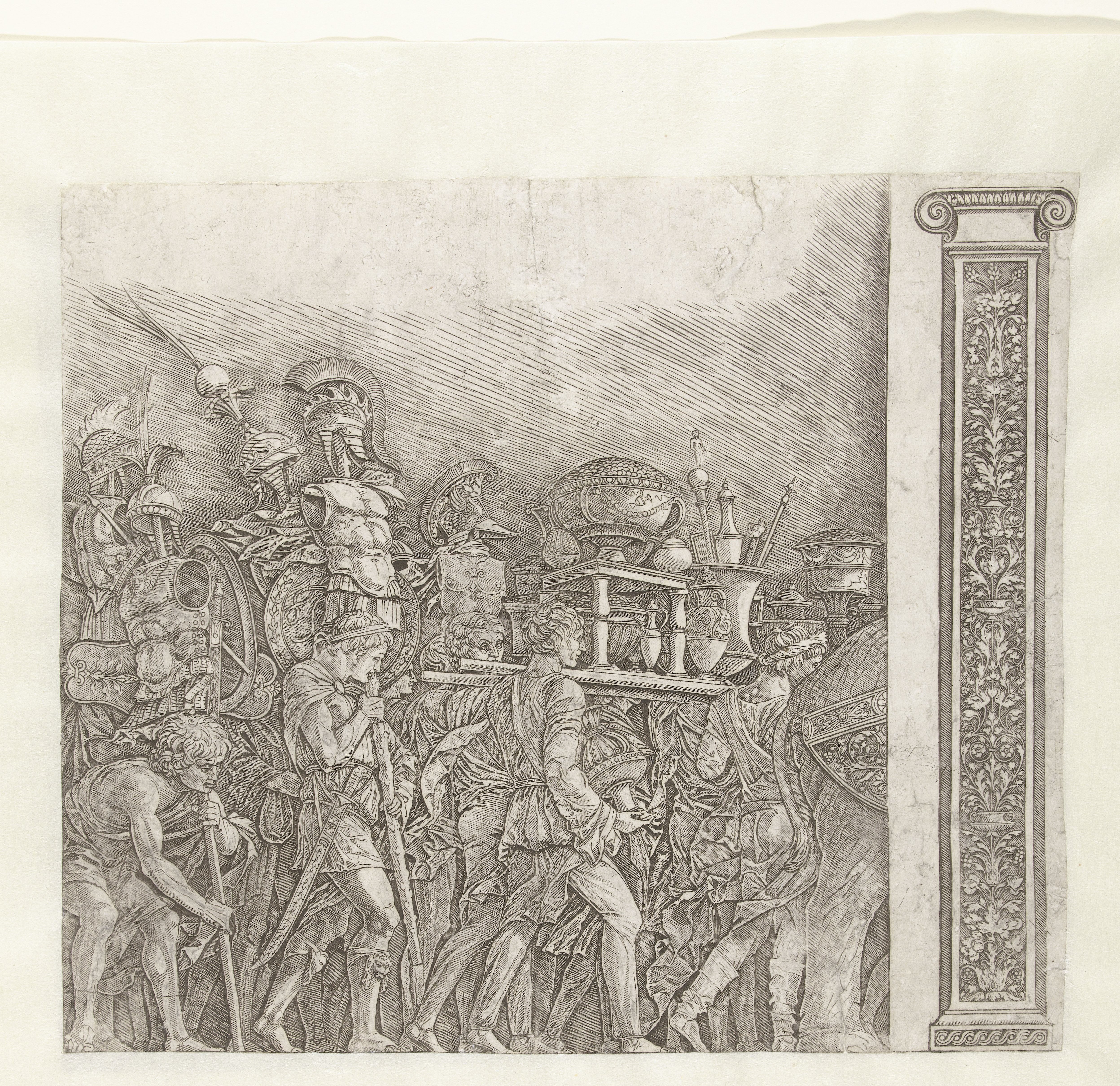 Soldaten met oorlogstrofeeën in triomftocht van Caesar en pilaster