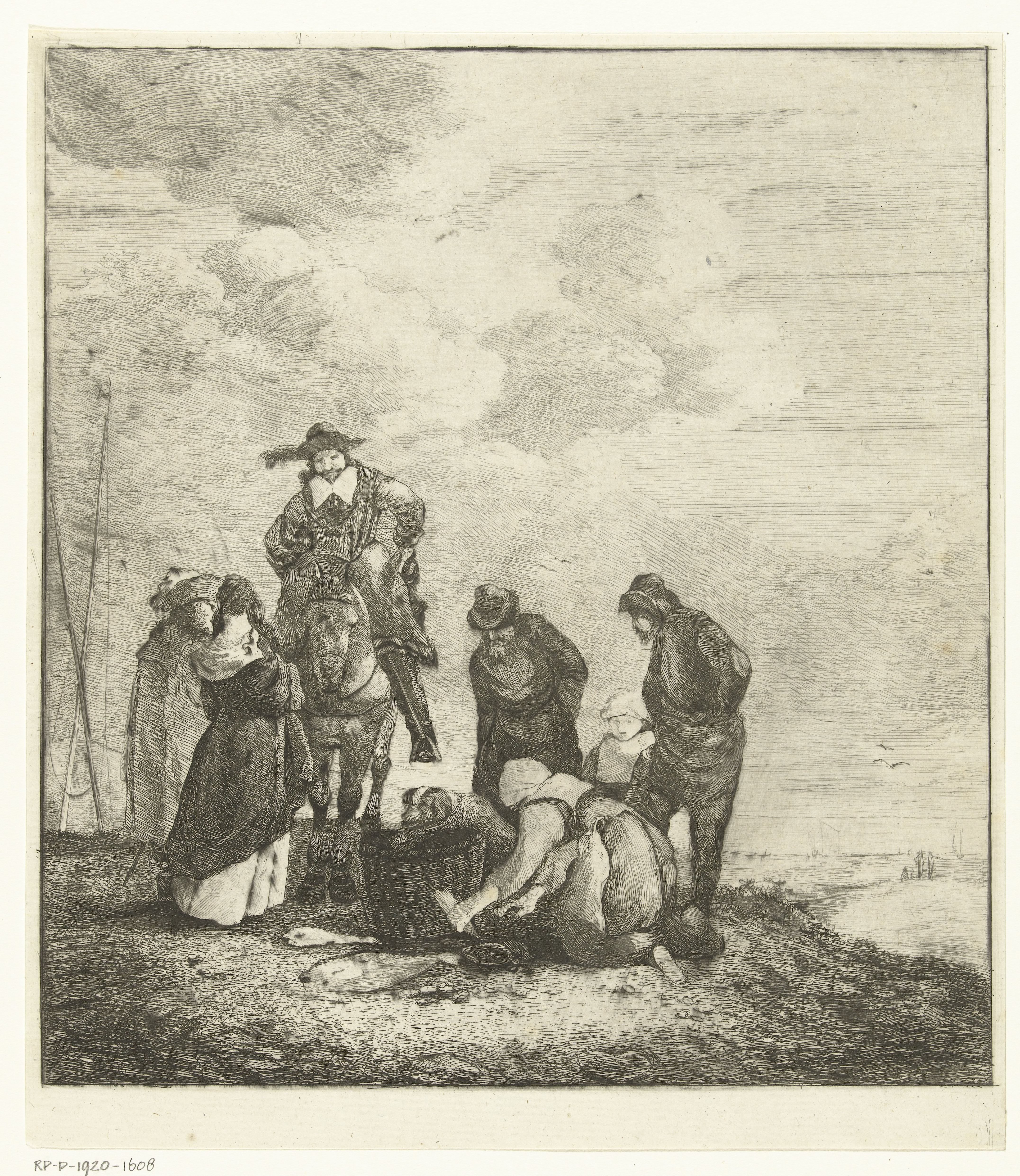 Visverkoopster met klanten bij het strand