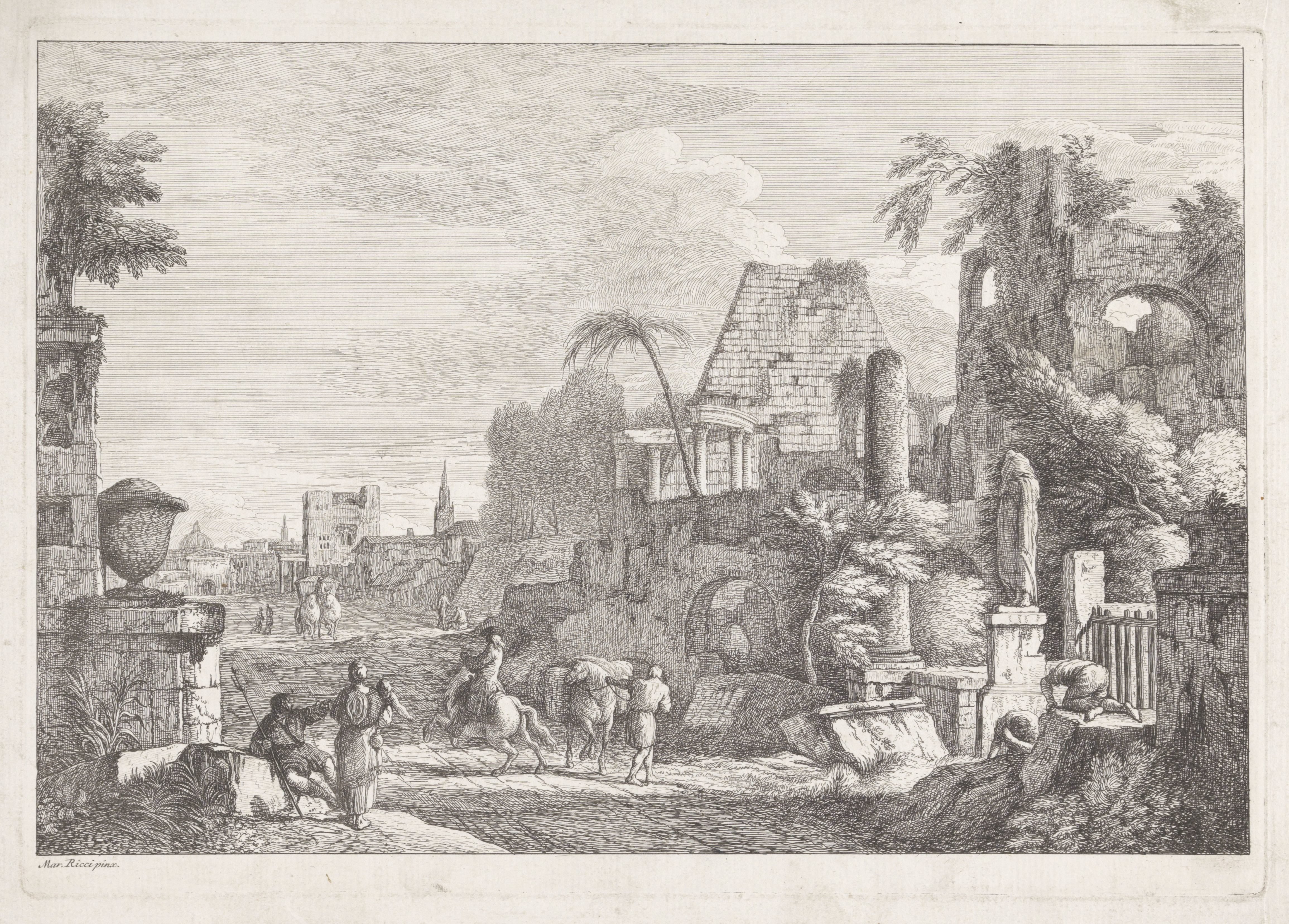 Landschap met ruïnes en reizigers