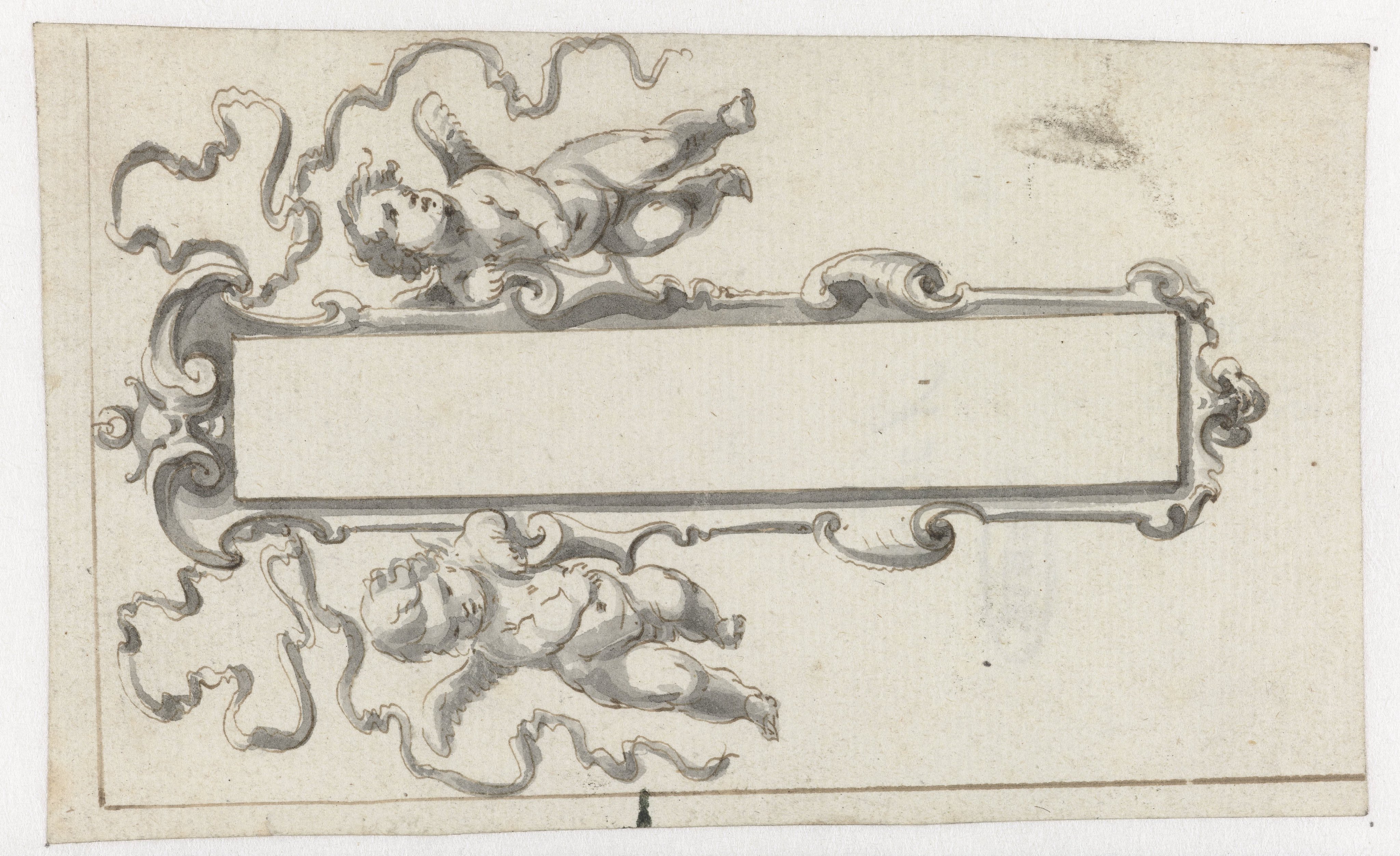 Langwerpige cartouche met twee putti