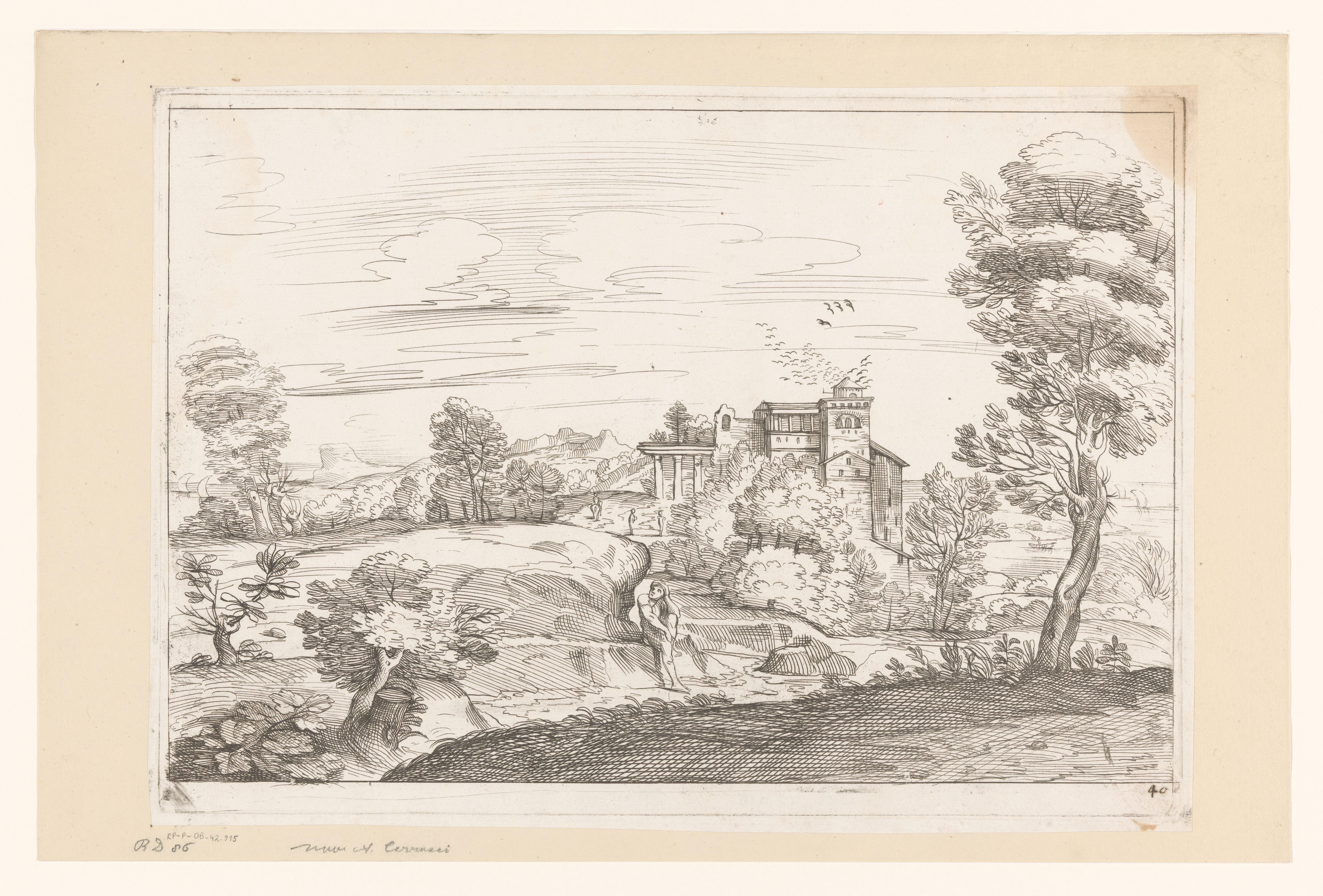 Landschap met huis en zittende figuur