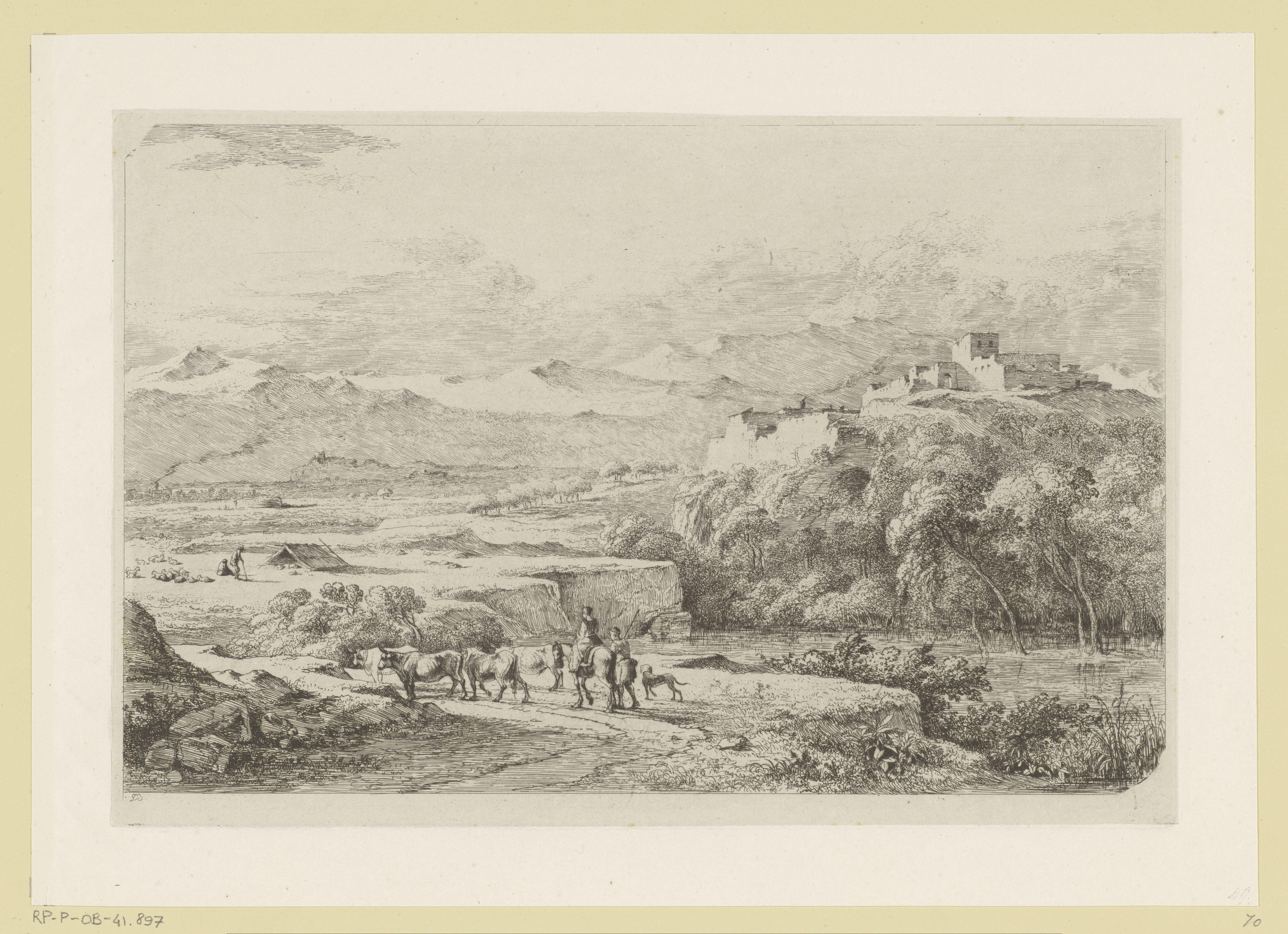 Berglandschap met herders en een kudde koeien
