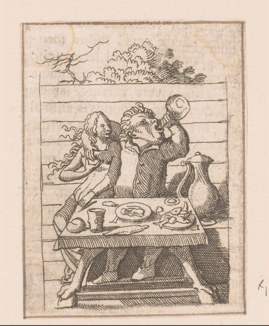 Drinkende man aan tafel met jonge vrouw