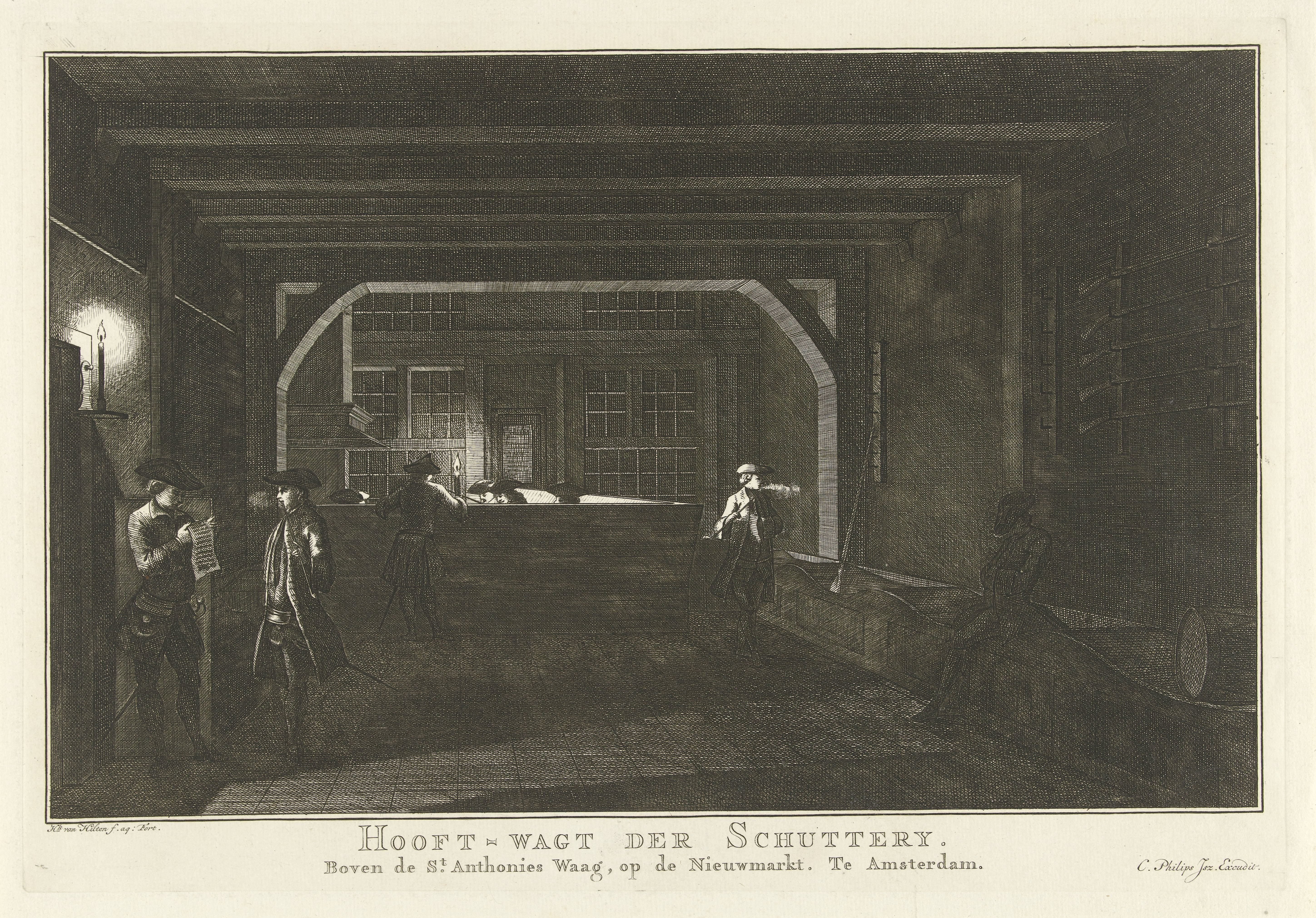 Interieur van de hoofdwacht van de schutterij op de Nieuwmarkt te Amsterdam bij nacht
