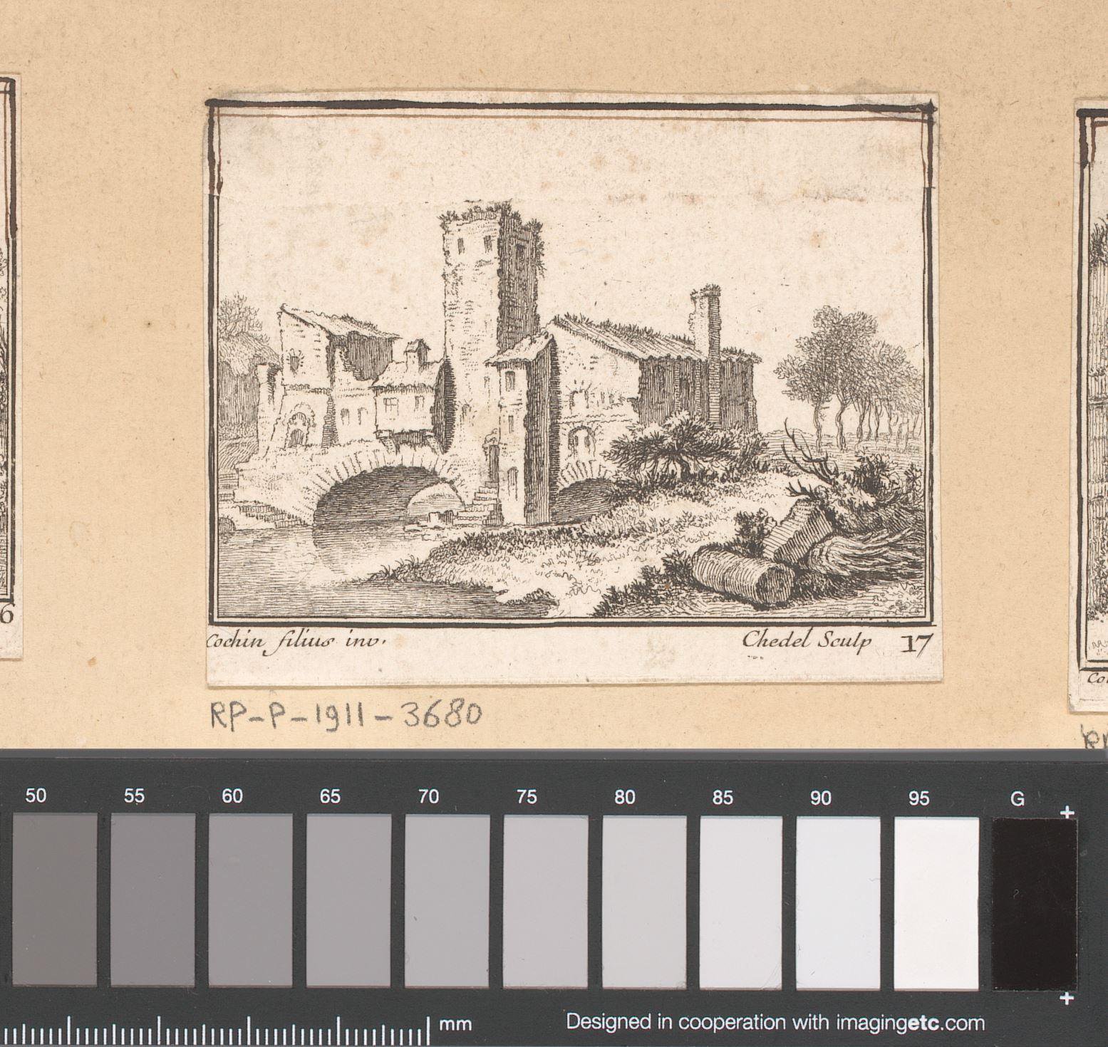 Landschap met een gebouw met toren op een brug
