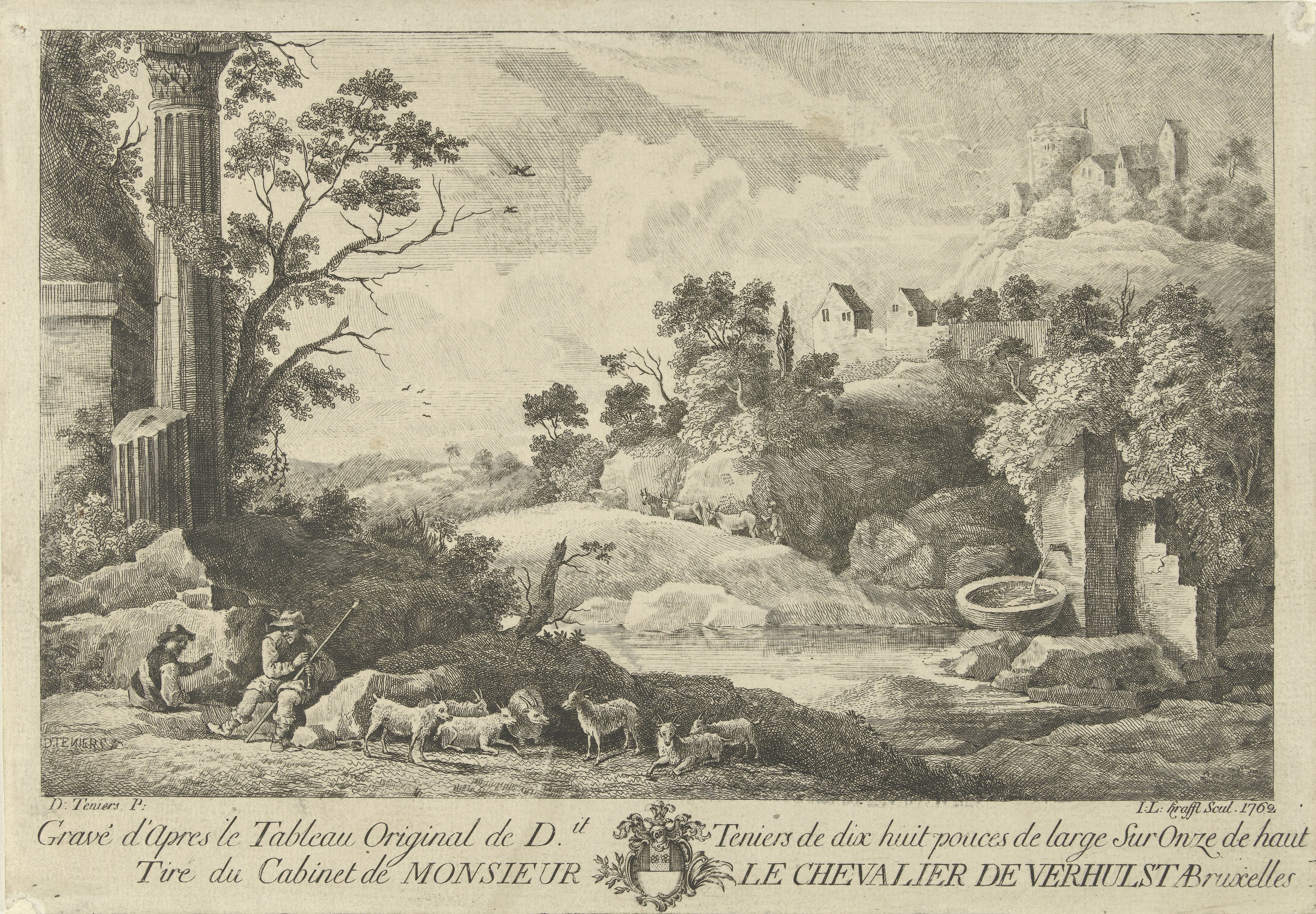 Gezicht op een landschap met herders