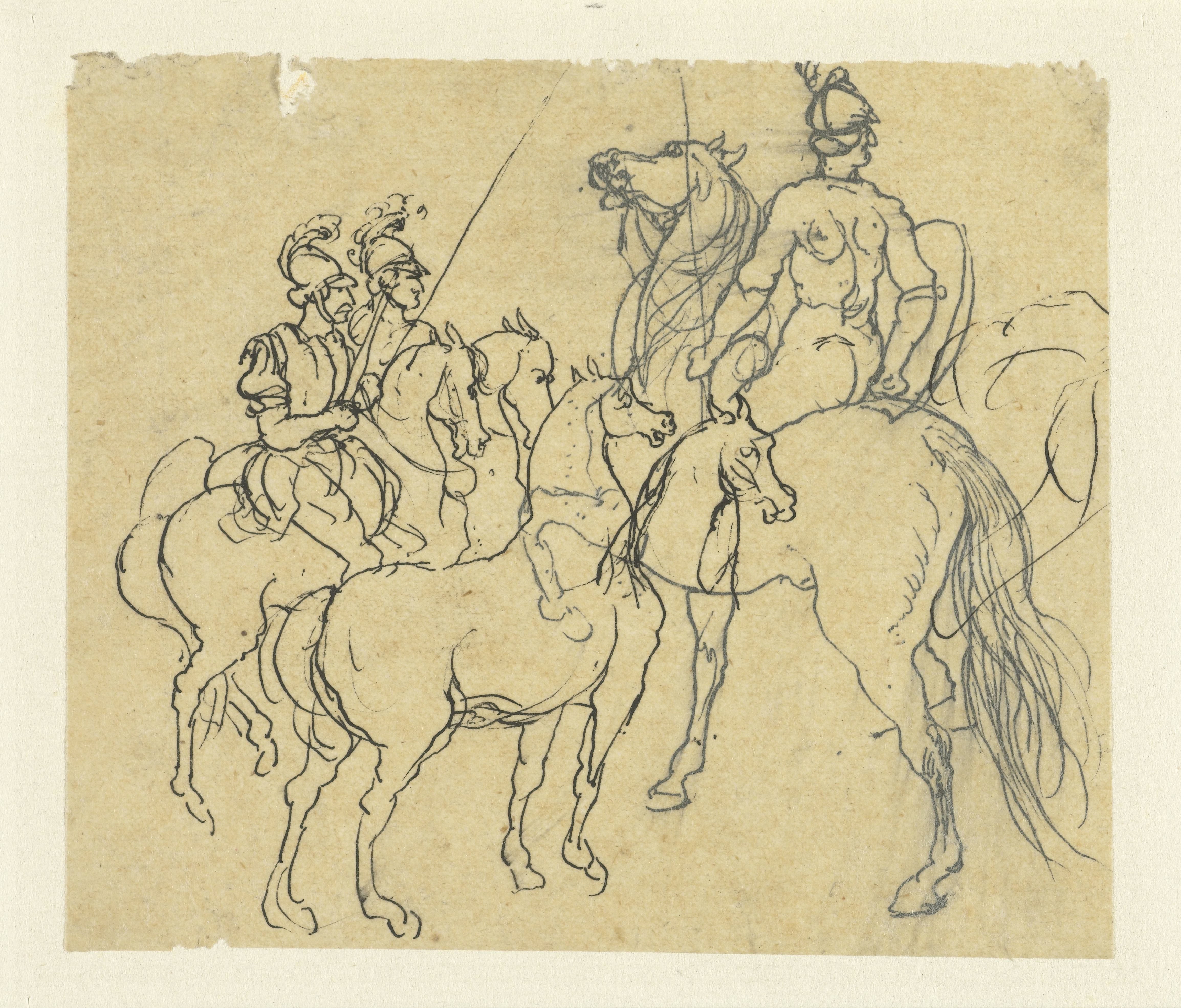 Studieblaadje met ruiters en paarden