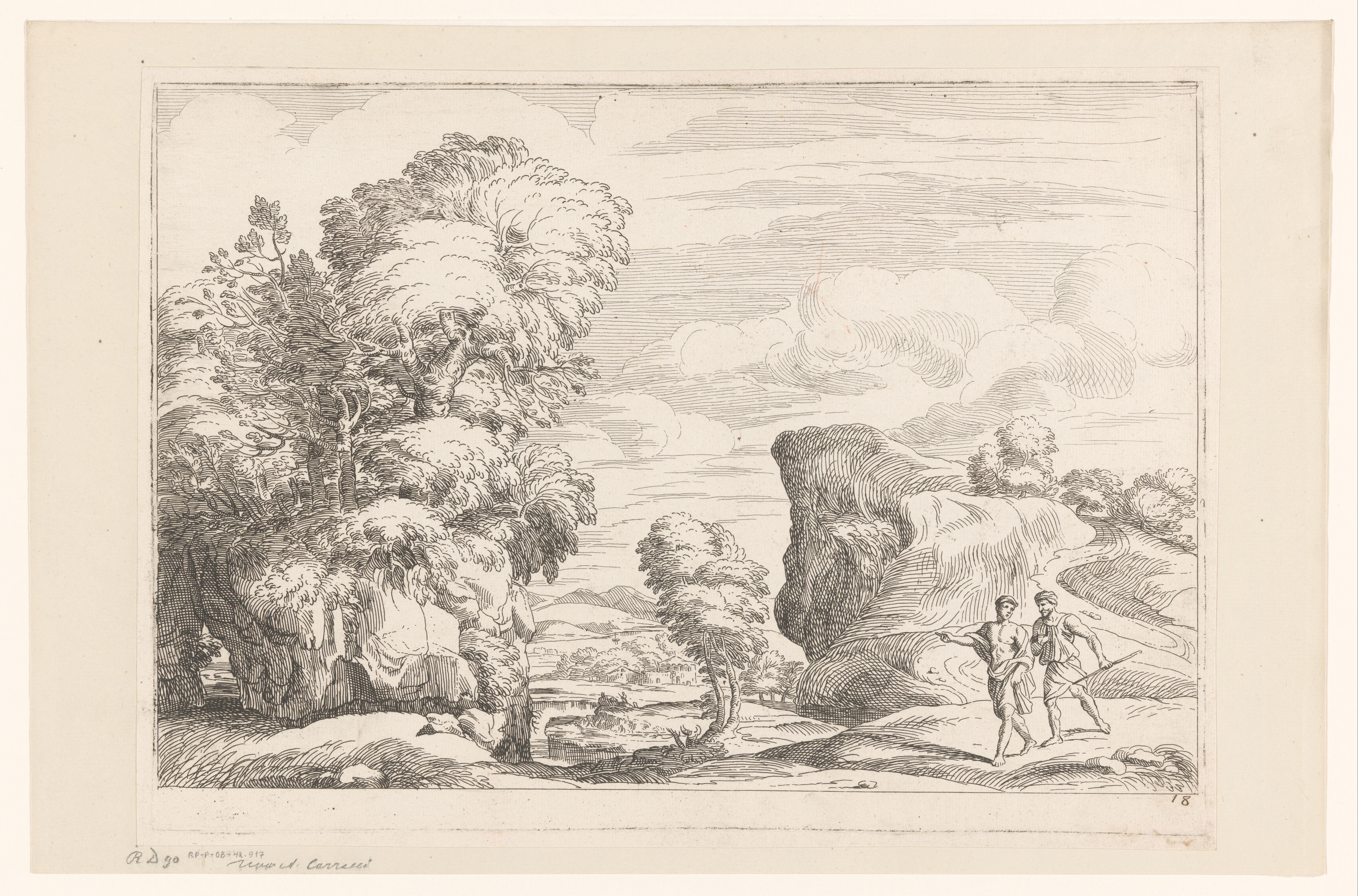 Landschap met twee wandelende mannen