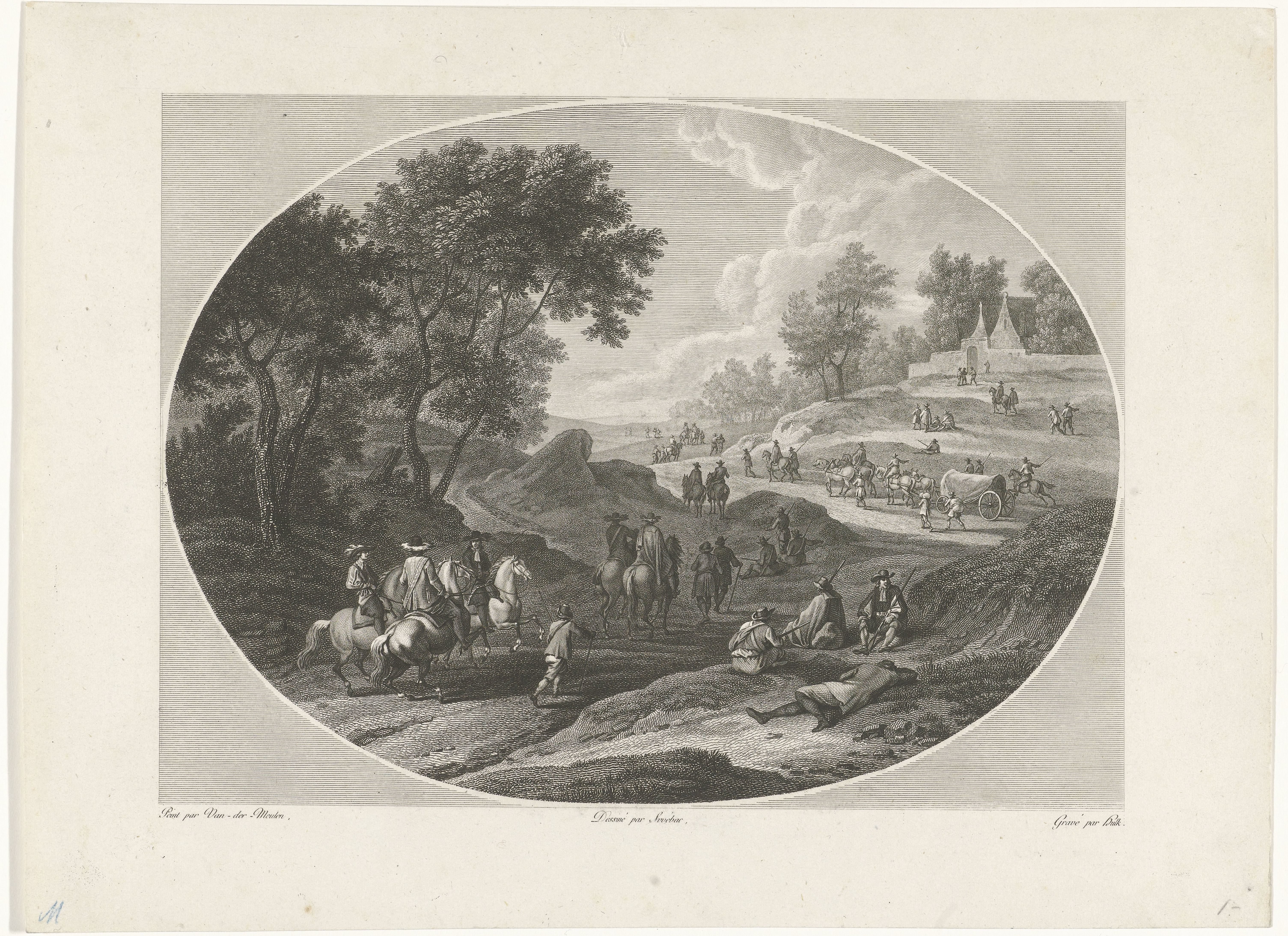 Landschap met ruiters en wandelaars