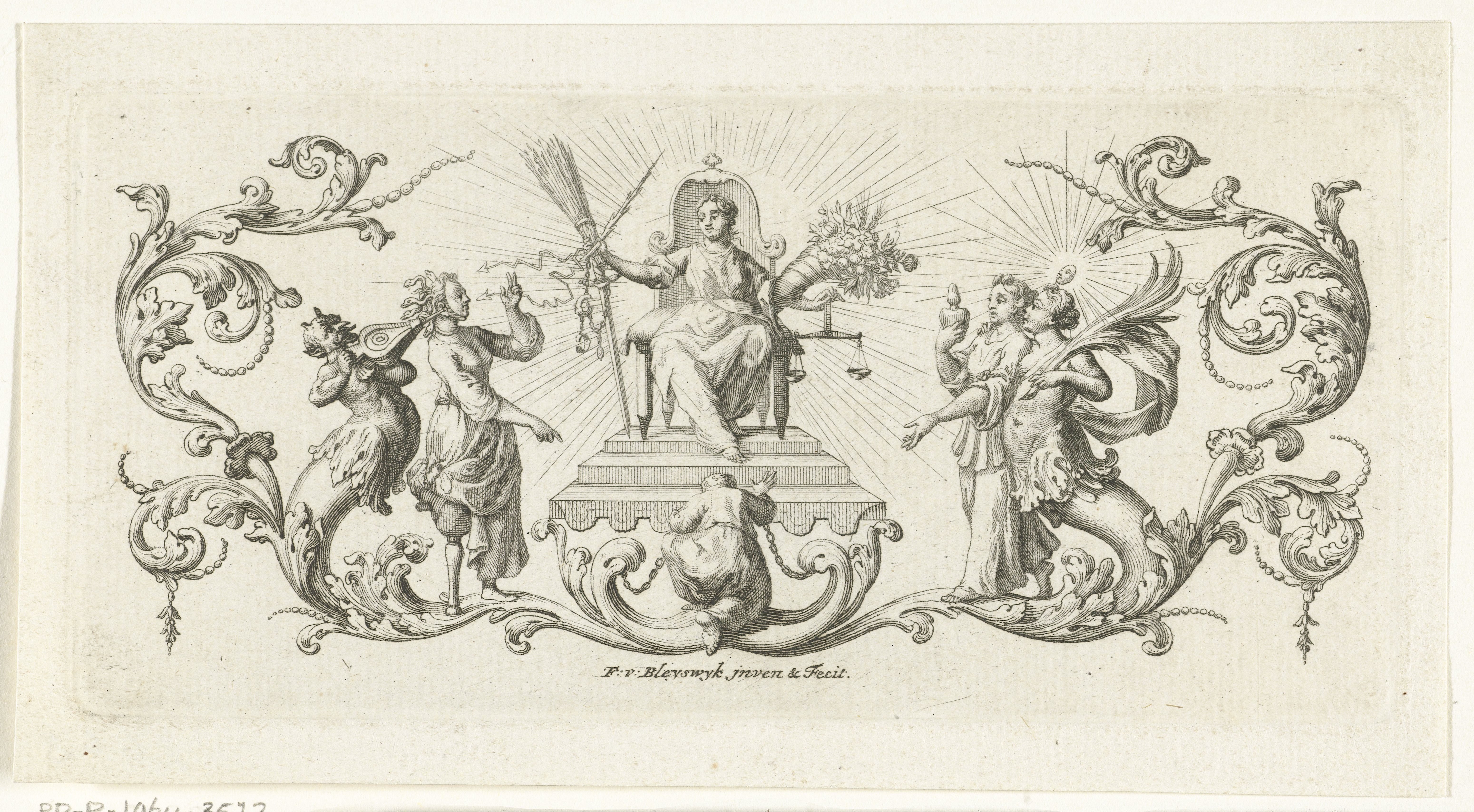 Allegorie op de gerechtigheid met deugden en ondeugden en bladornamenten