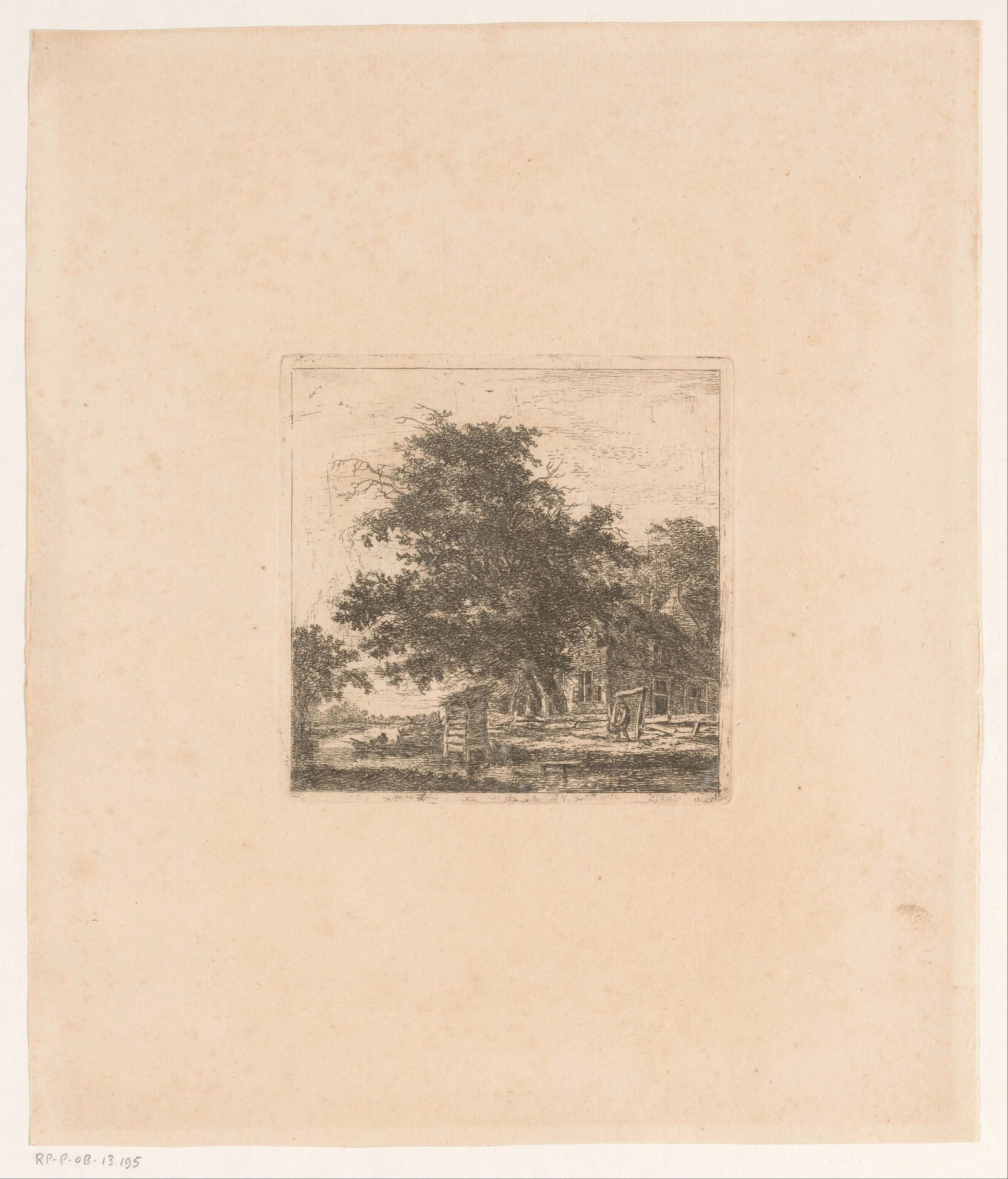 Landschap met huis en visser in een boot