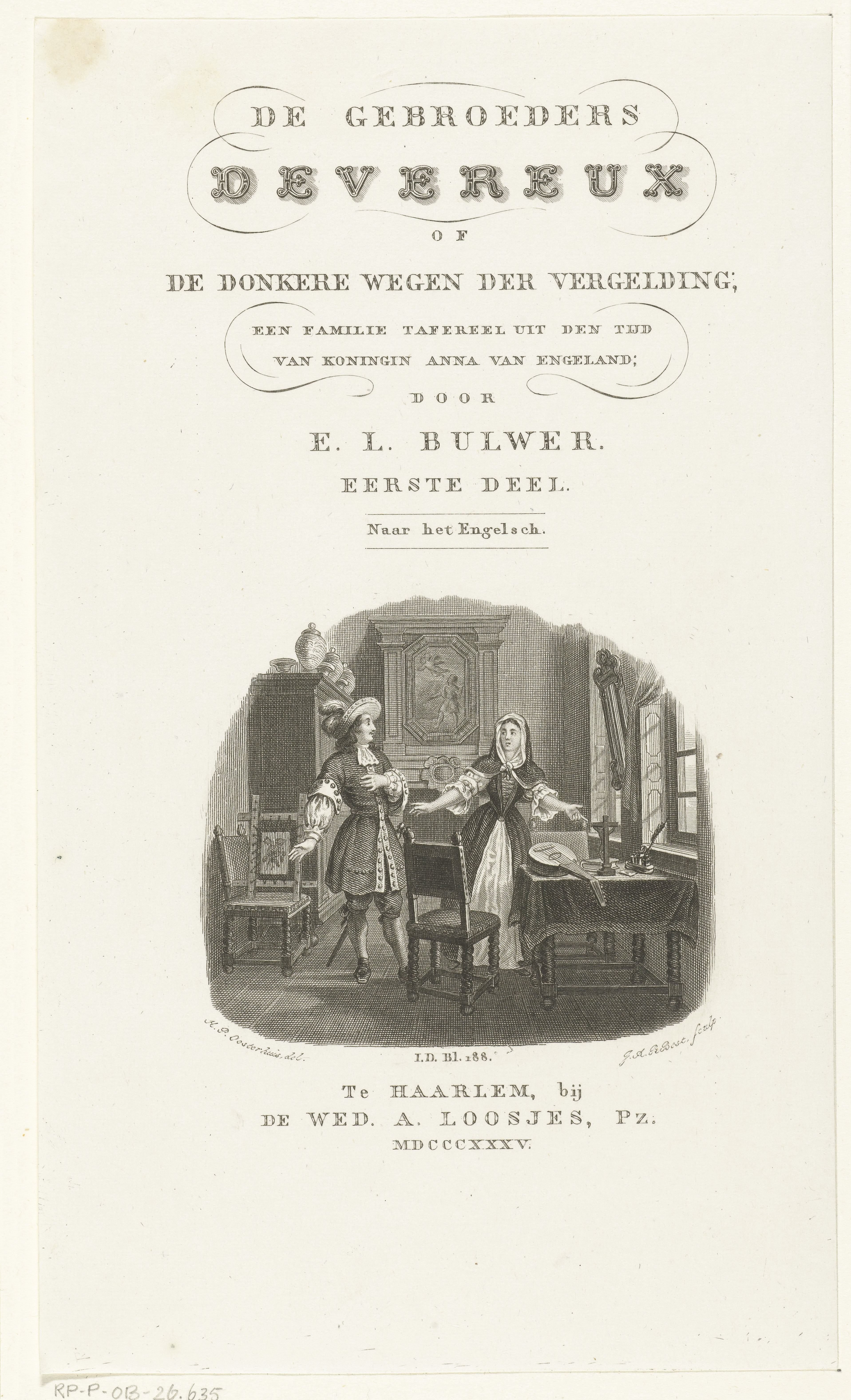 Interieur met man en vrouw in gesprek en titel