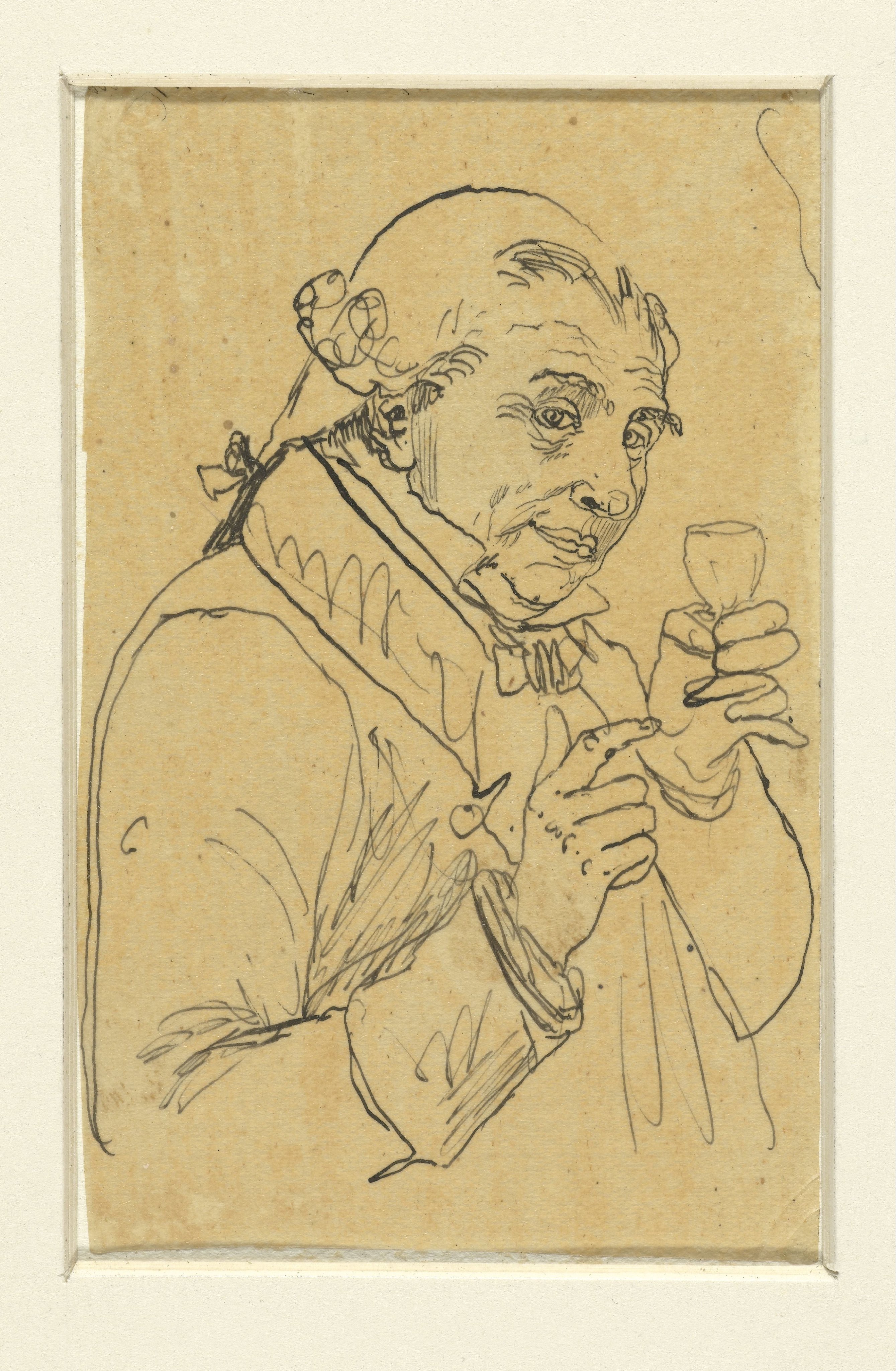 Oud heertje in 18e eeuws kostuum, in de linkerhand een glas wijn heffend