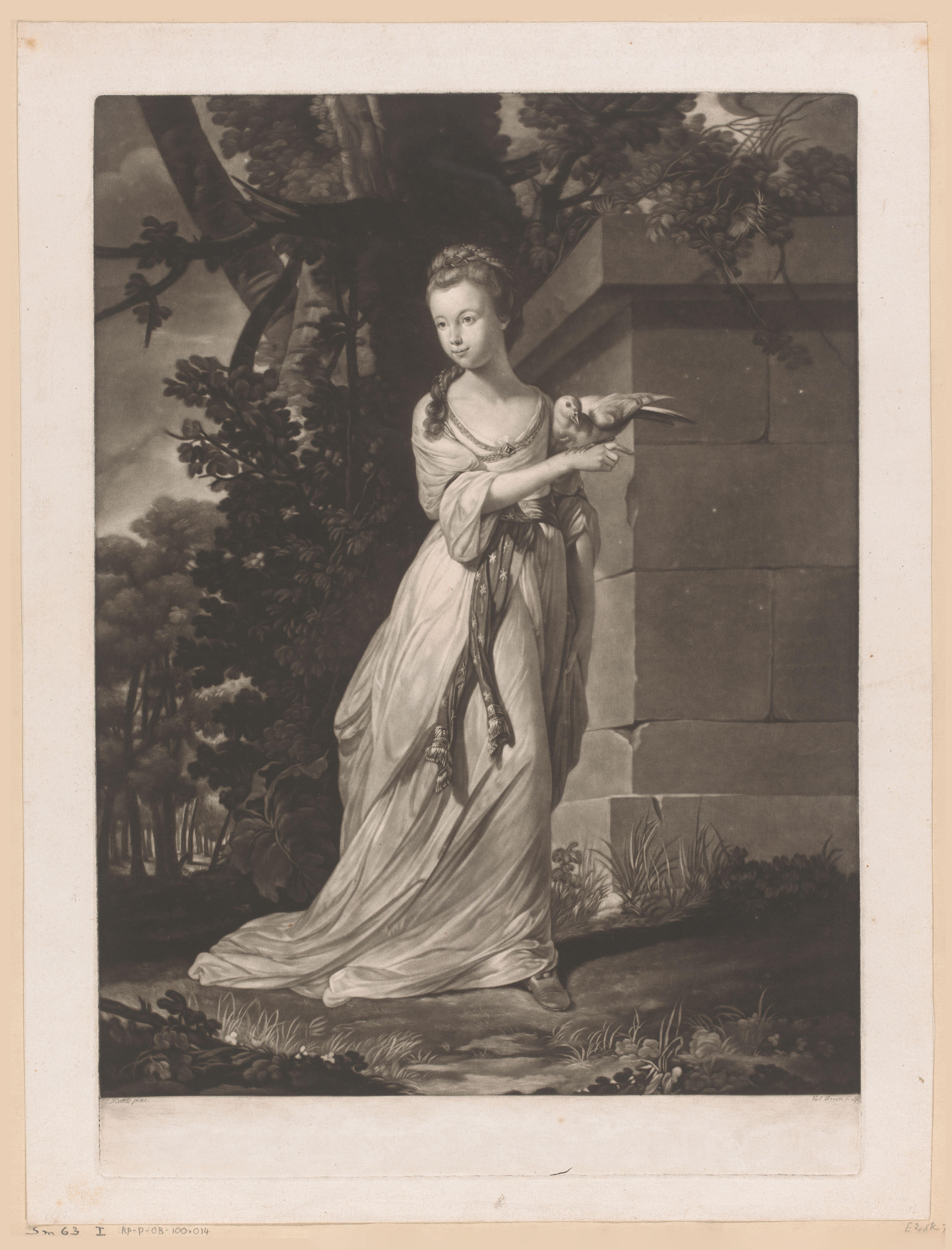 Portret van Polly Harrison met een duif in de hand