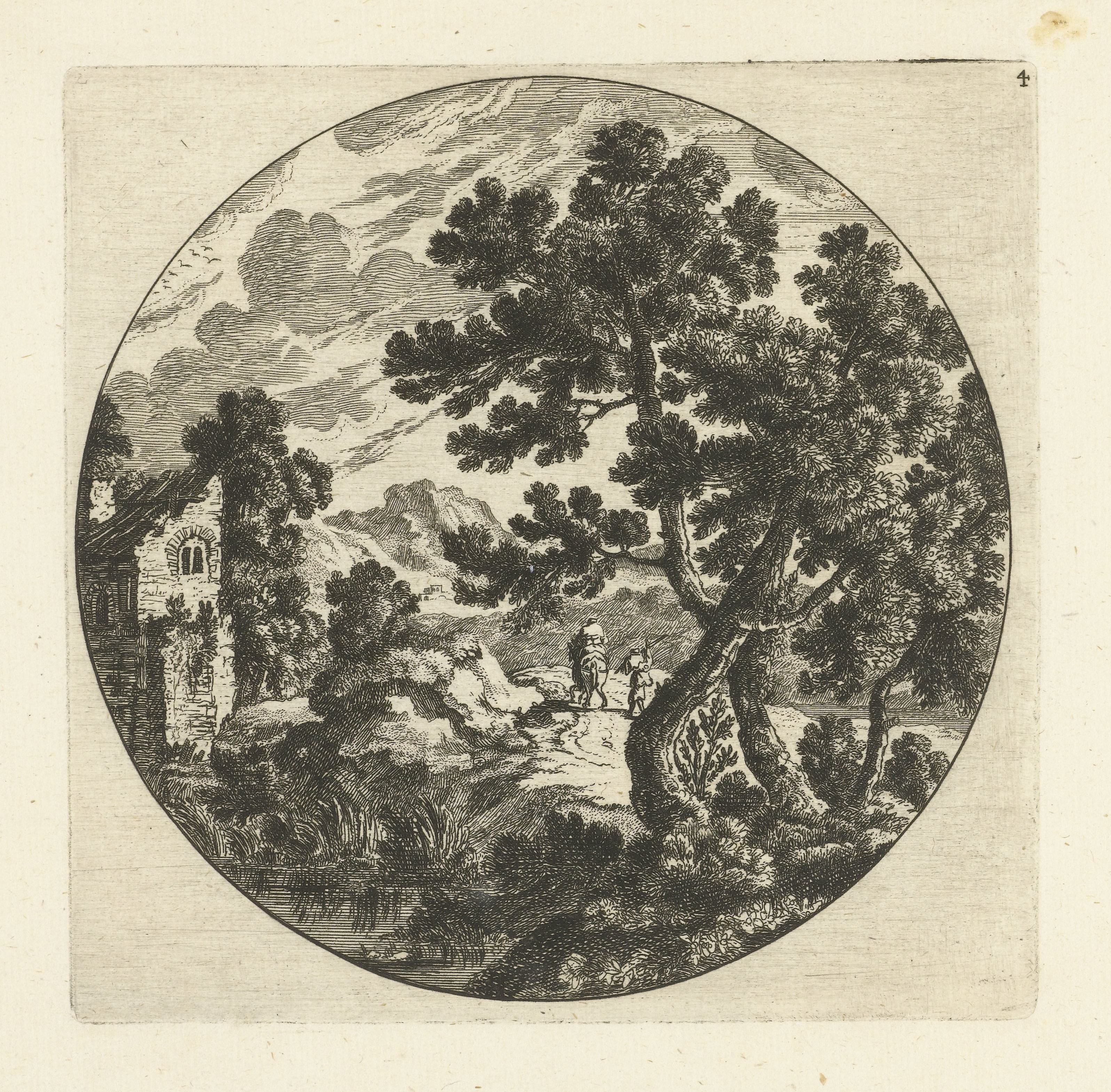 Zuidelijk landschap met bomen en figuren op weg bij vervallen huis in rond kader