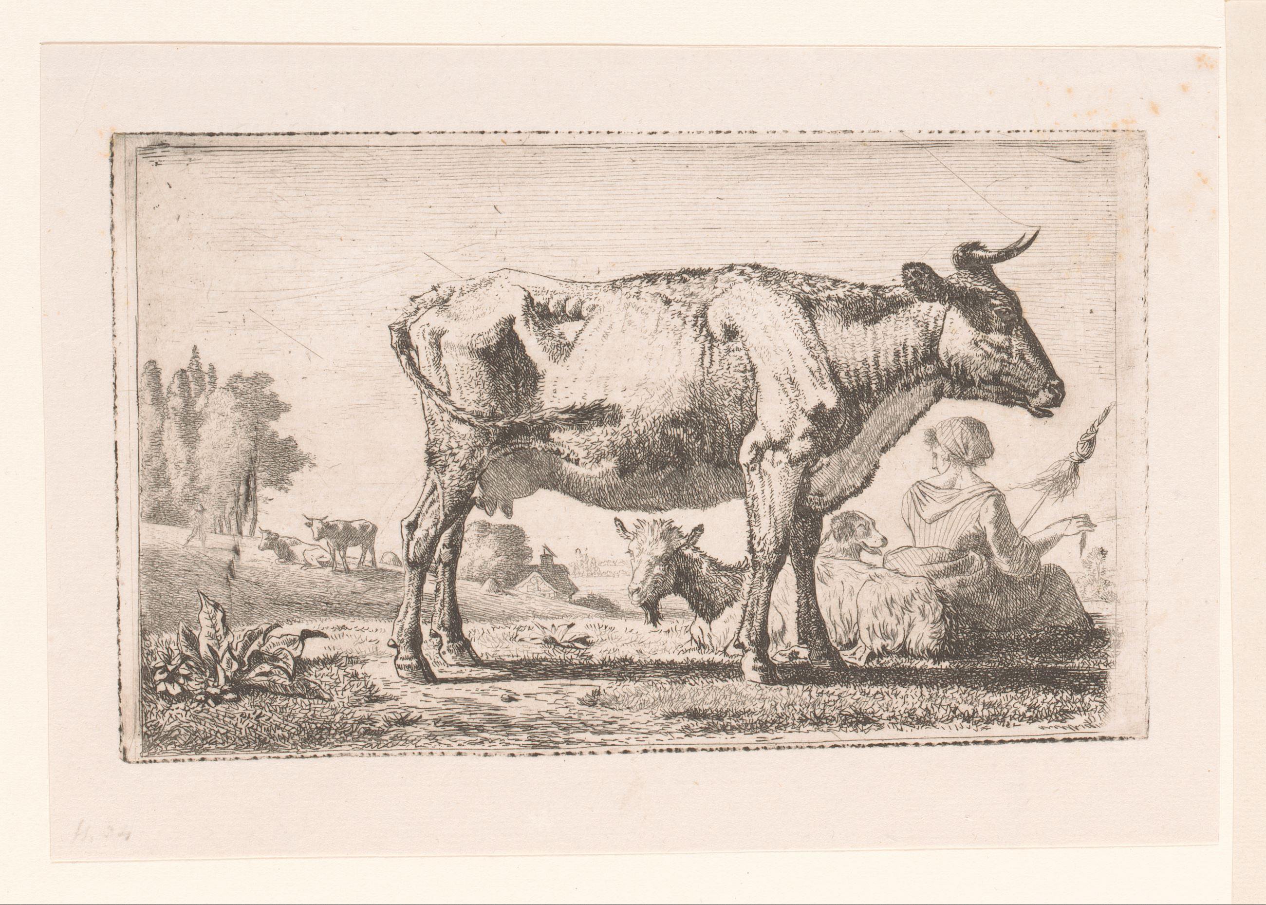 Landschap met koe en geit bij een spinster