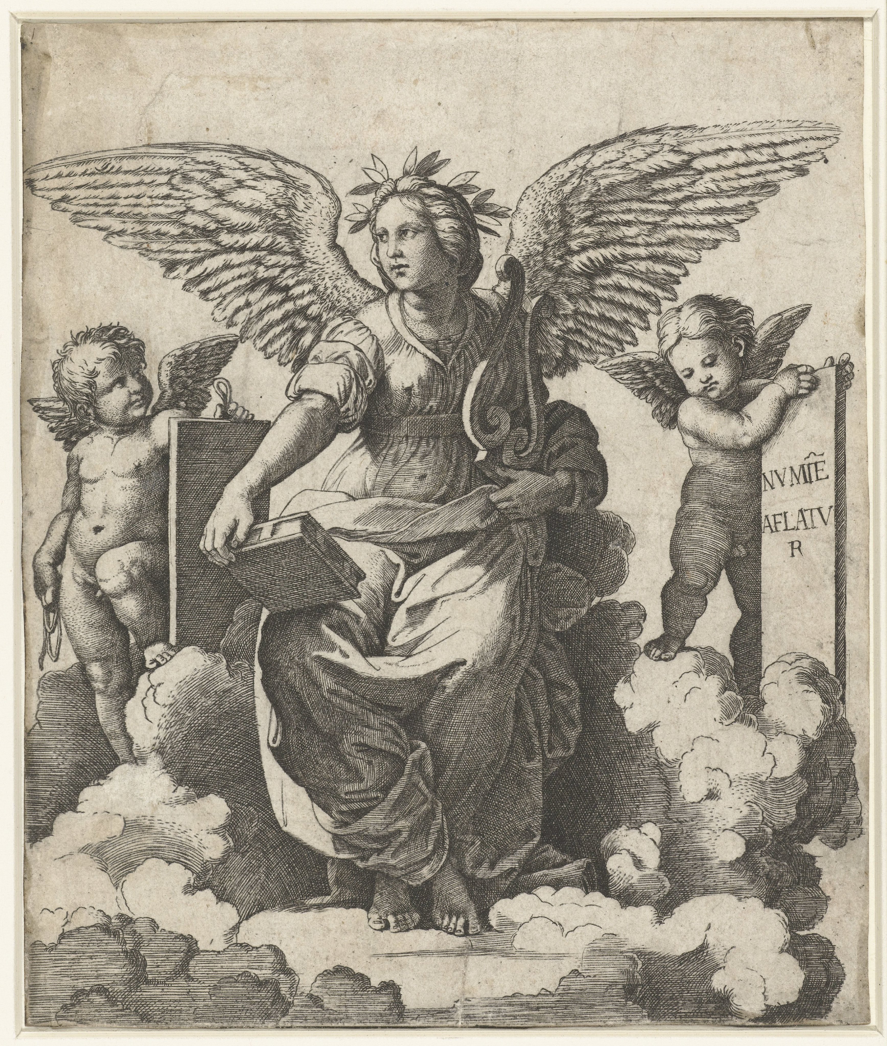 Gevleugelde vrouw als muze van Poëzie met boek en lier zittend op wolken geflankeerd door putti