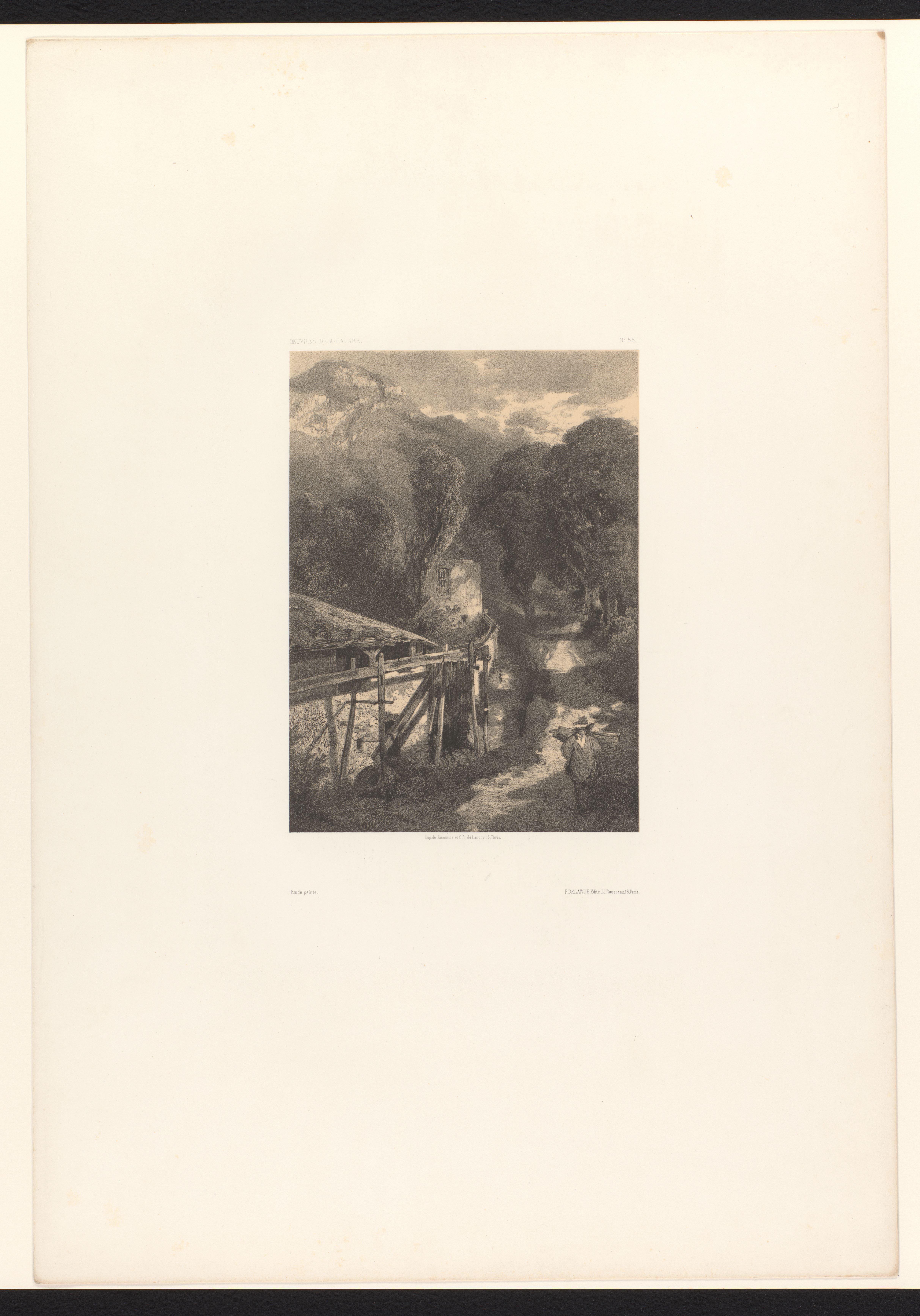 Berglandschap met figuur op een pad langs huizen