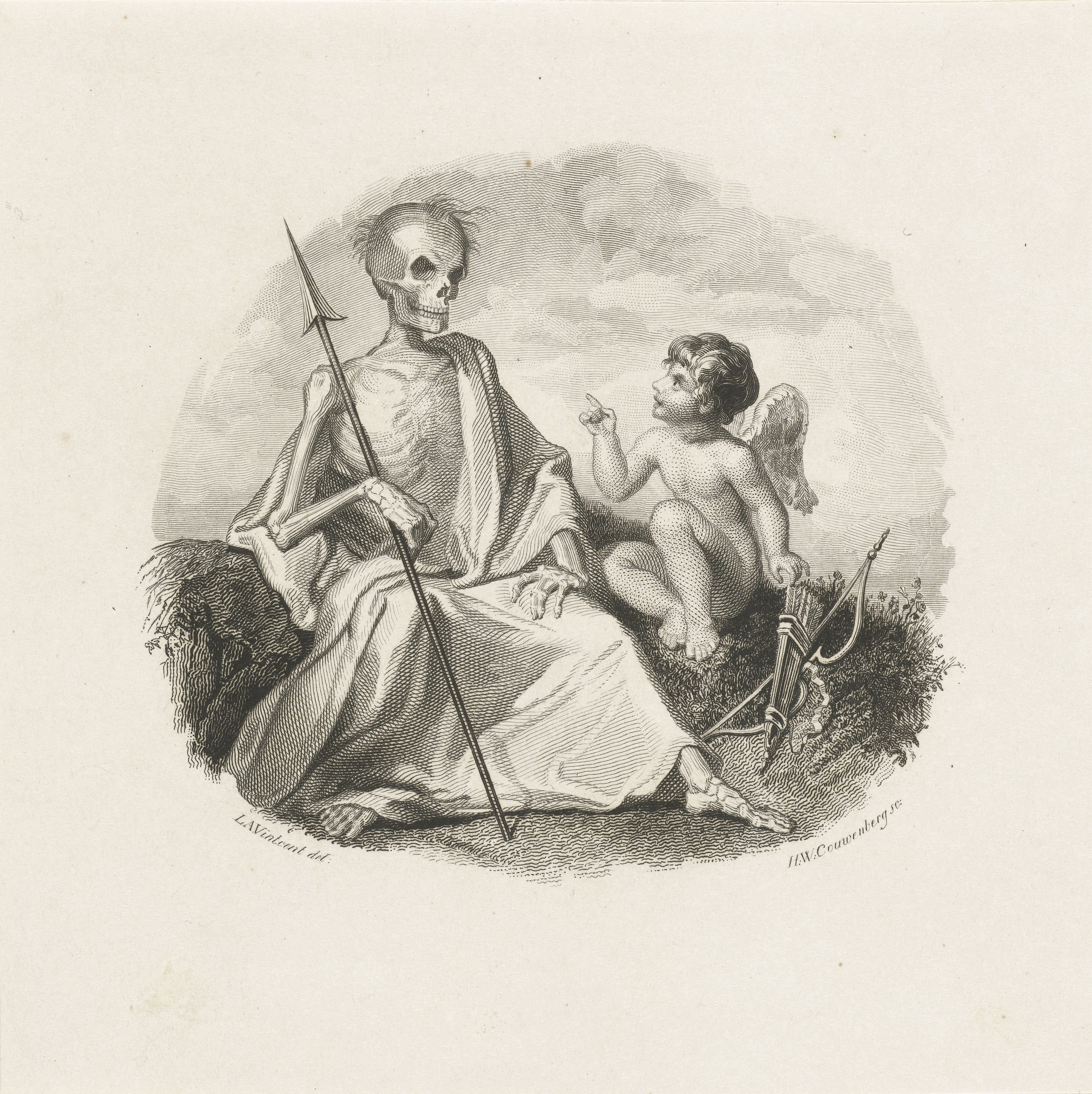 Amor en de Dood, als geraamte met speer