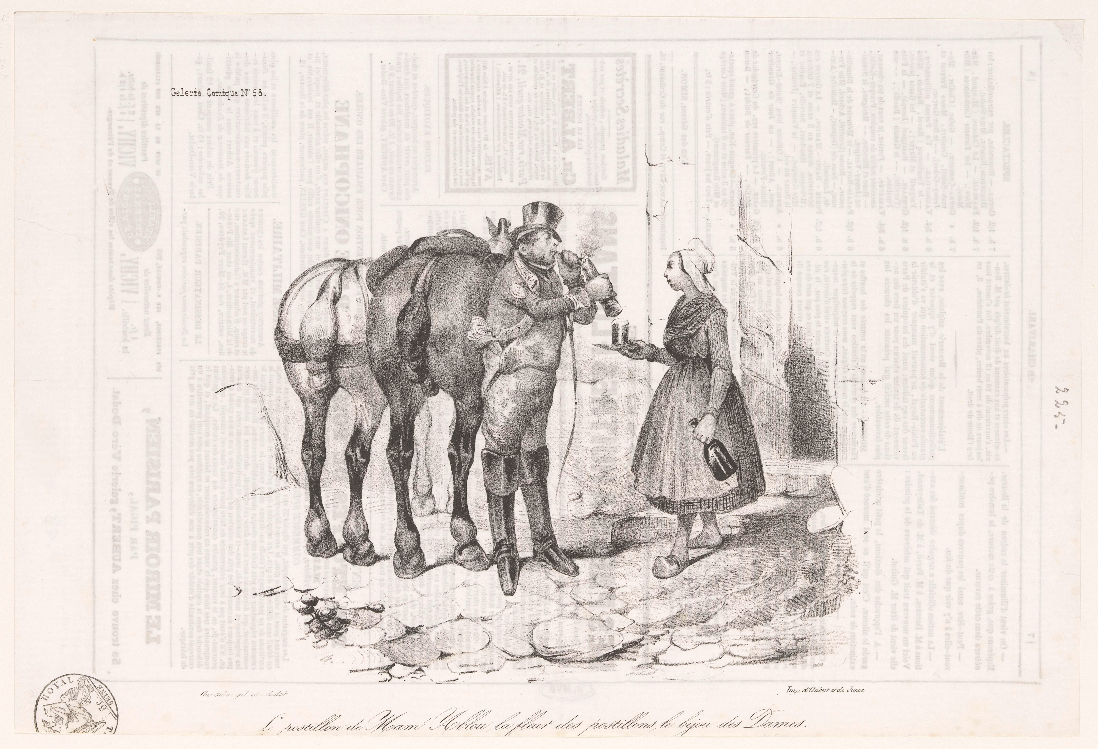 Koerier ontsteekt zijn pijp naast een paard