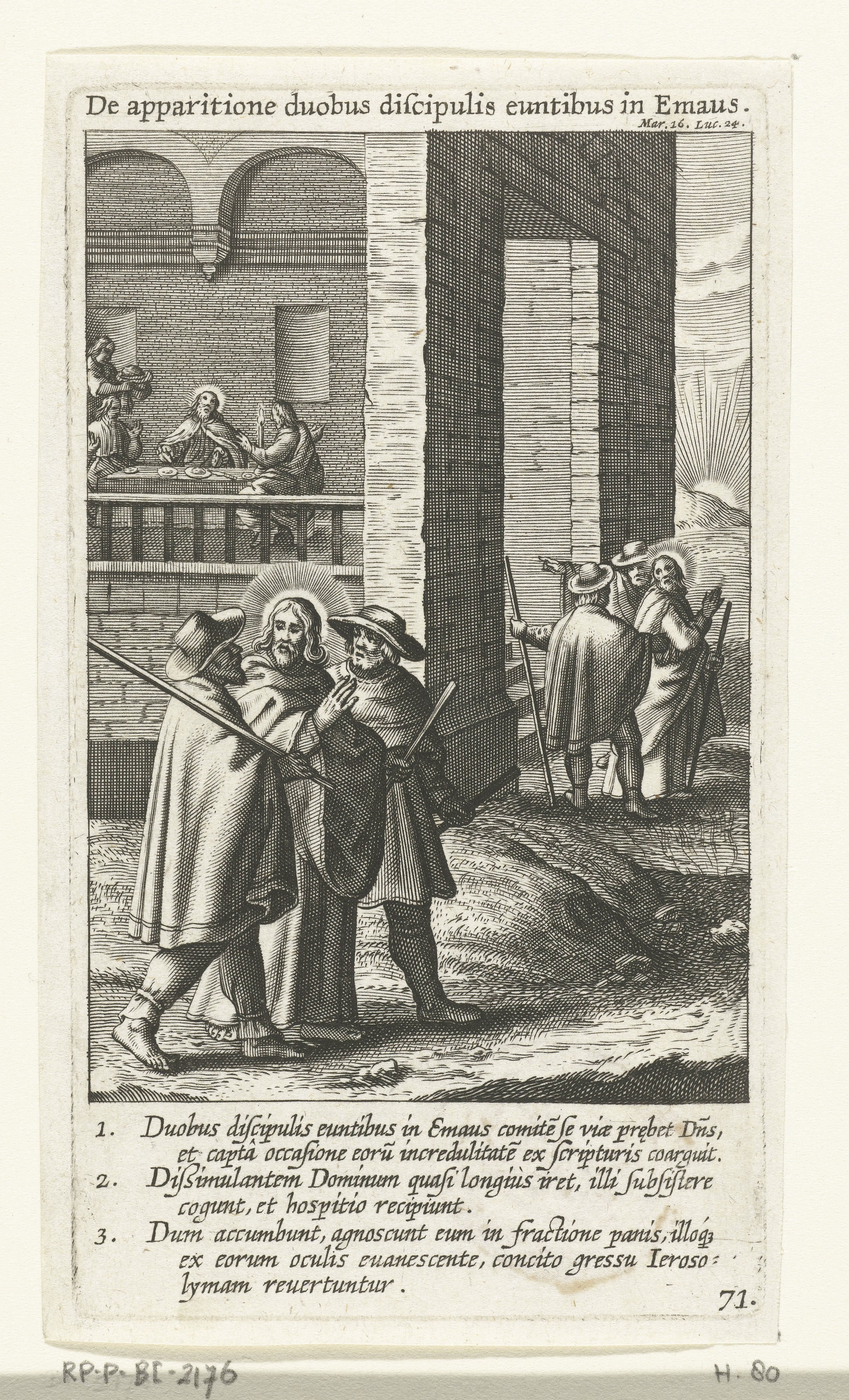 Cleopas en Petrus ontmoeten Christus op hun weg naar Emmaüs