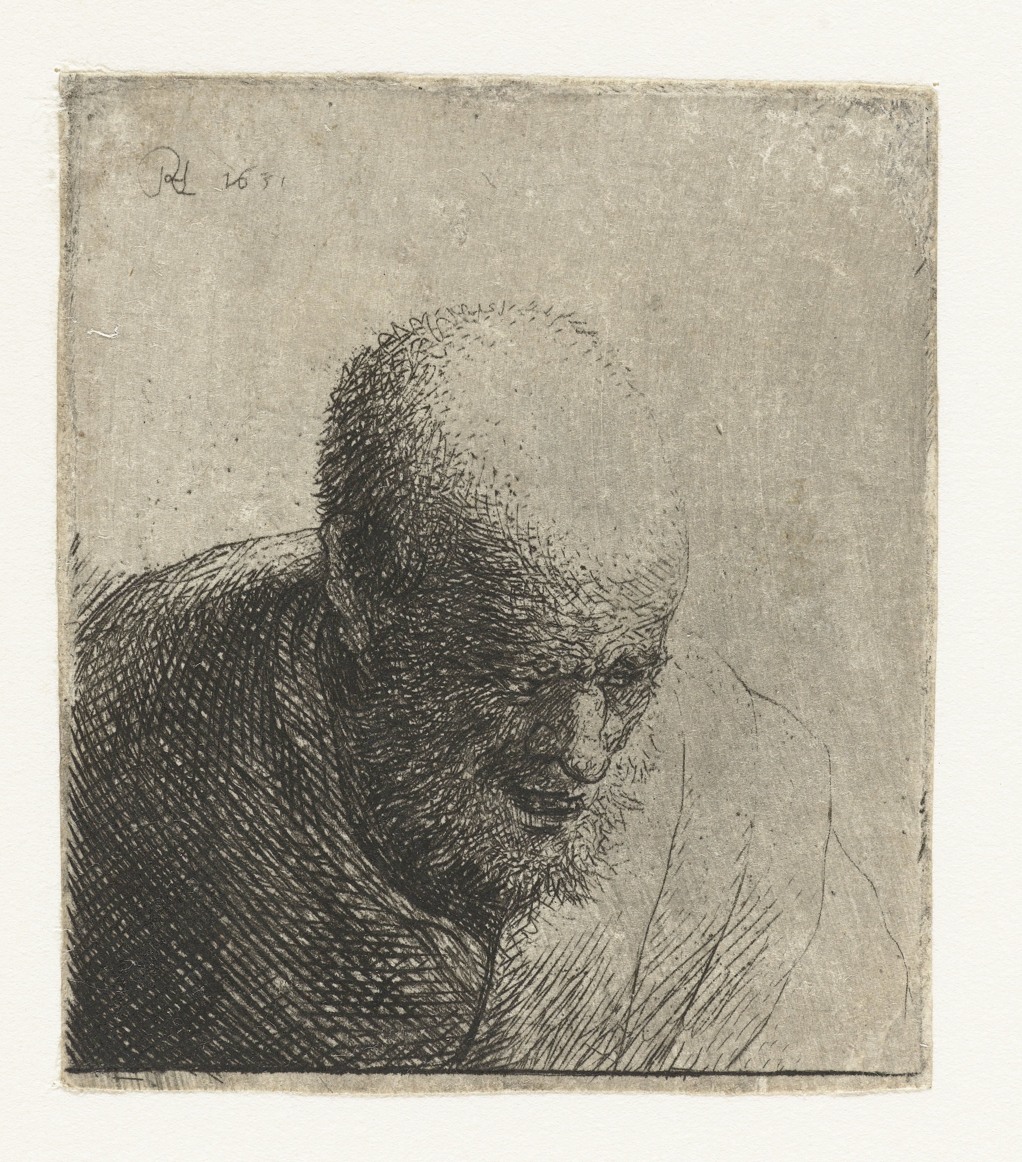 Bald man with open mouth, looking down: bust