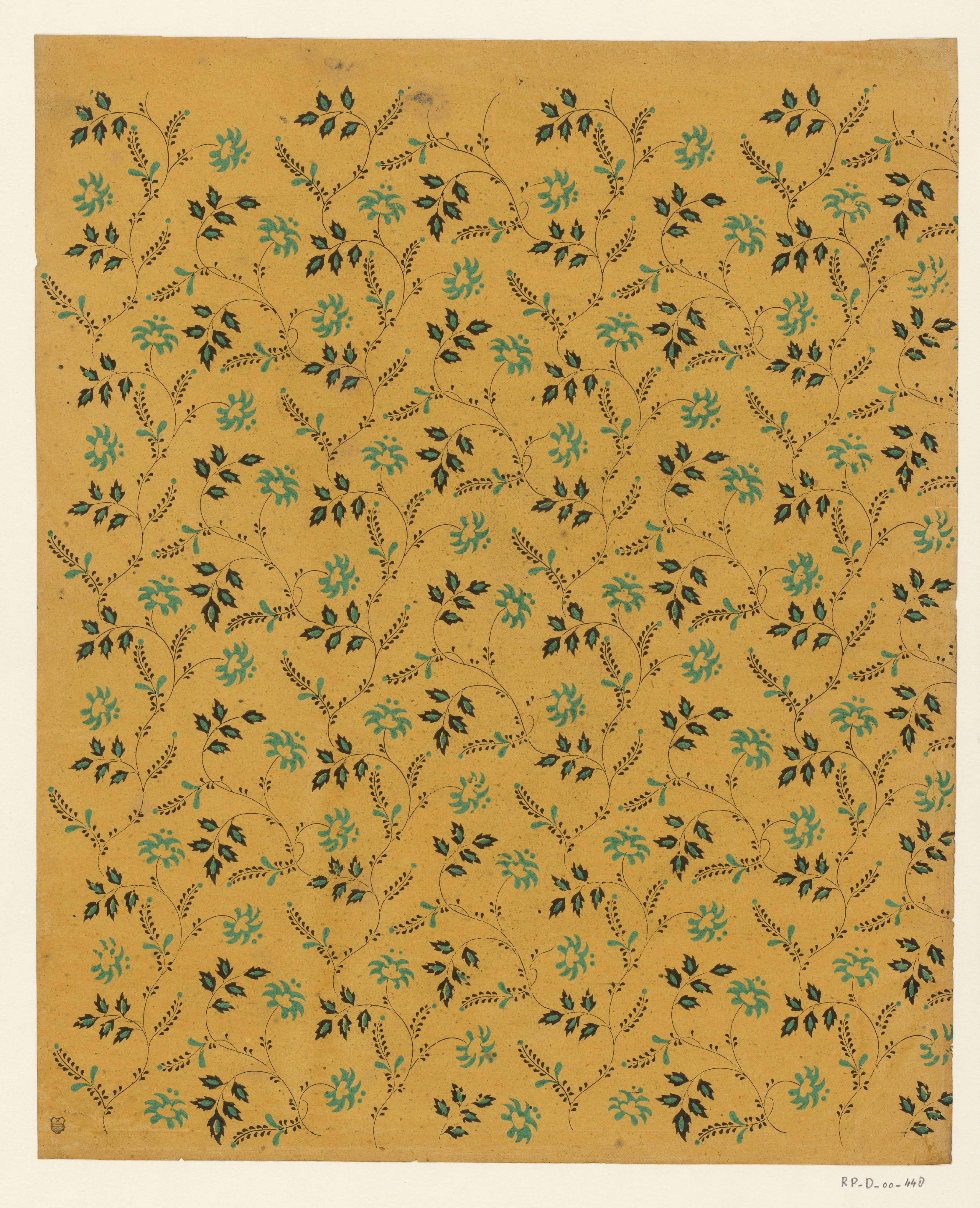 Blad met regelmatig over het blad slingerende ranken met bloemen