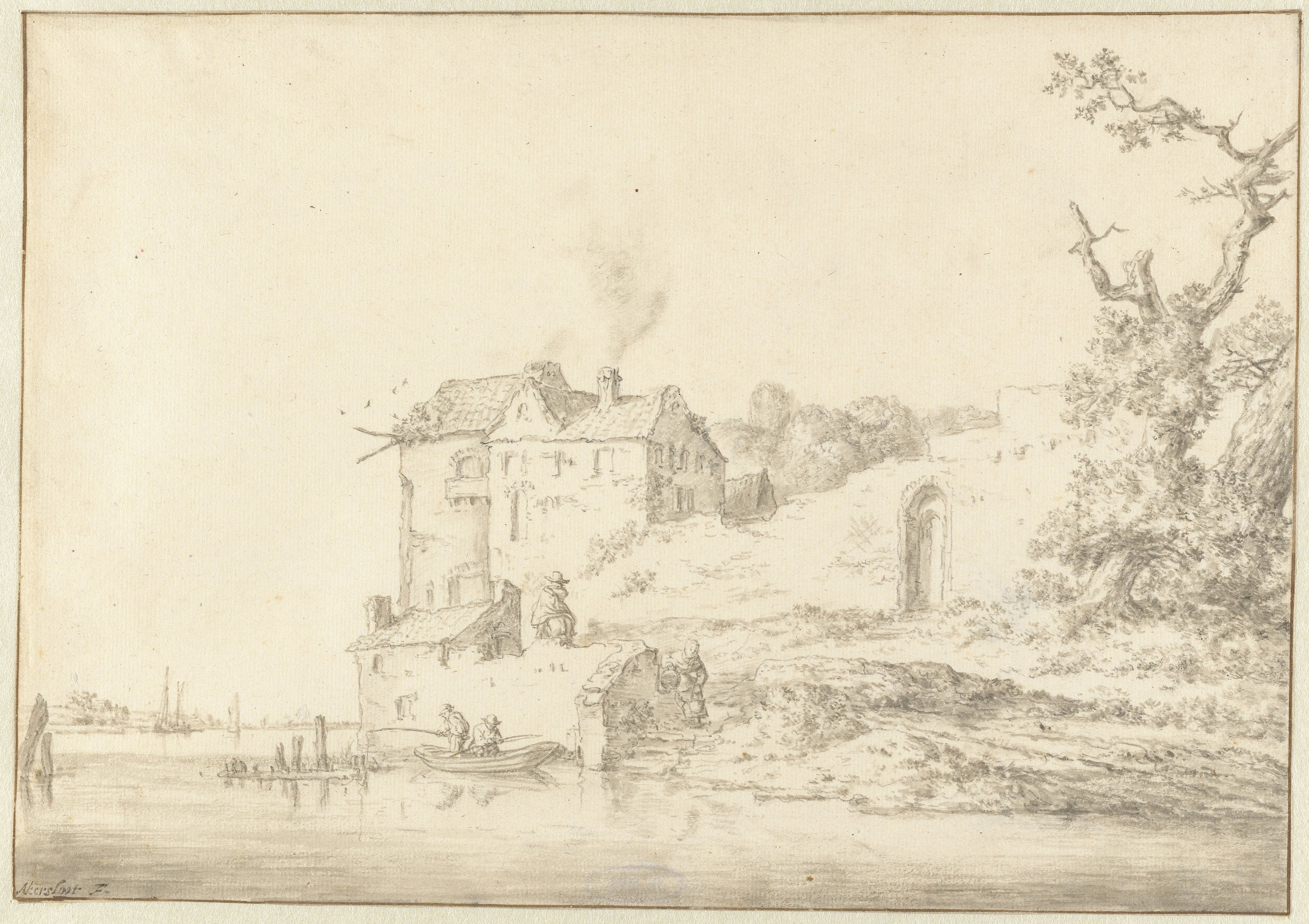 Landschap met vervallen huis aan een rivier