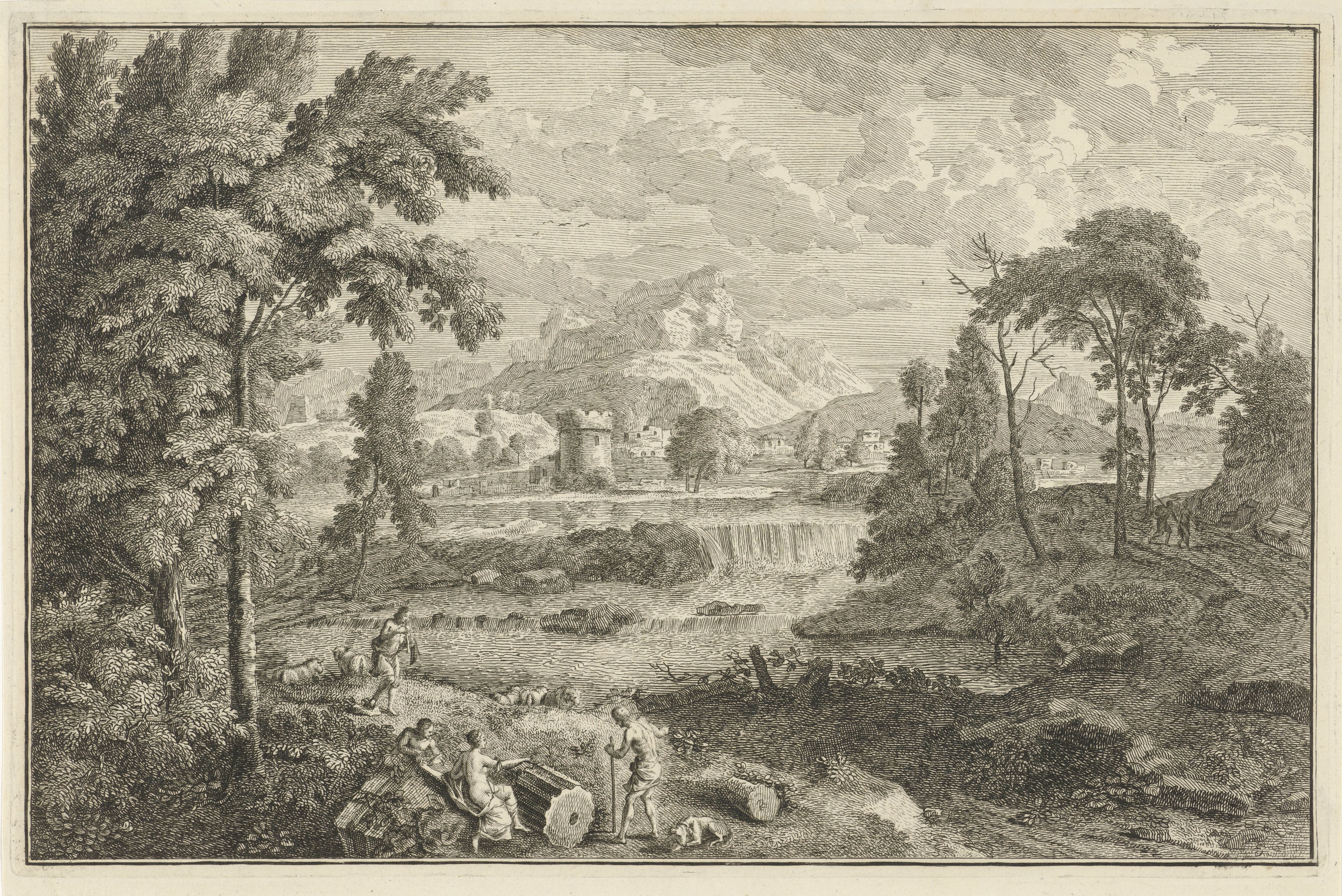 Arcadisch rivierlandschap met herders